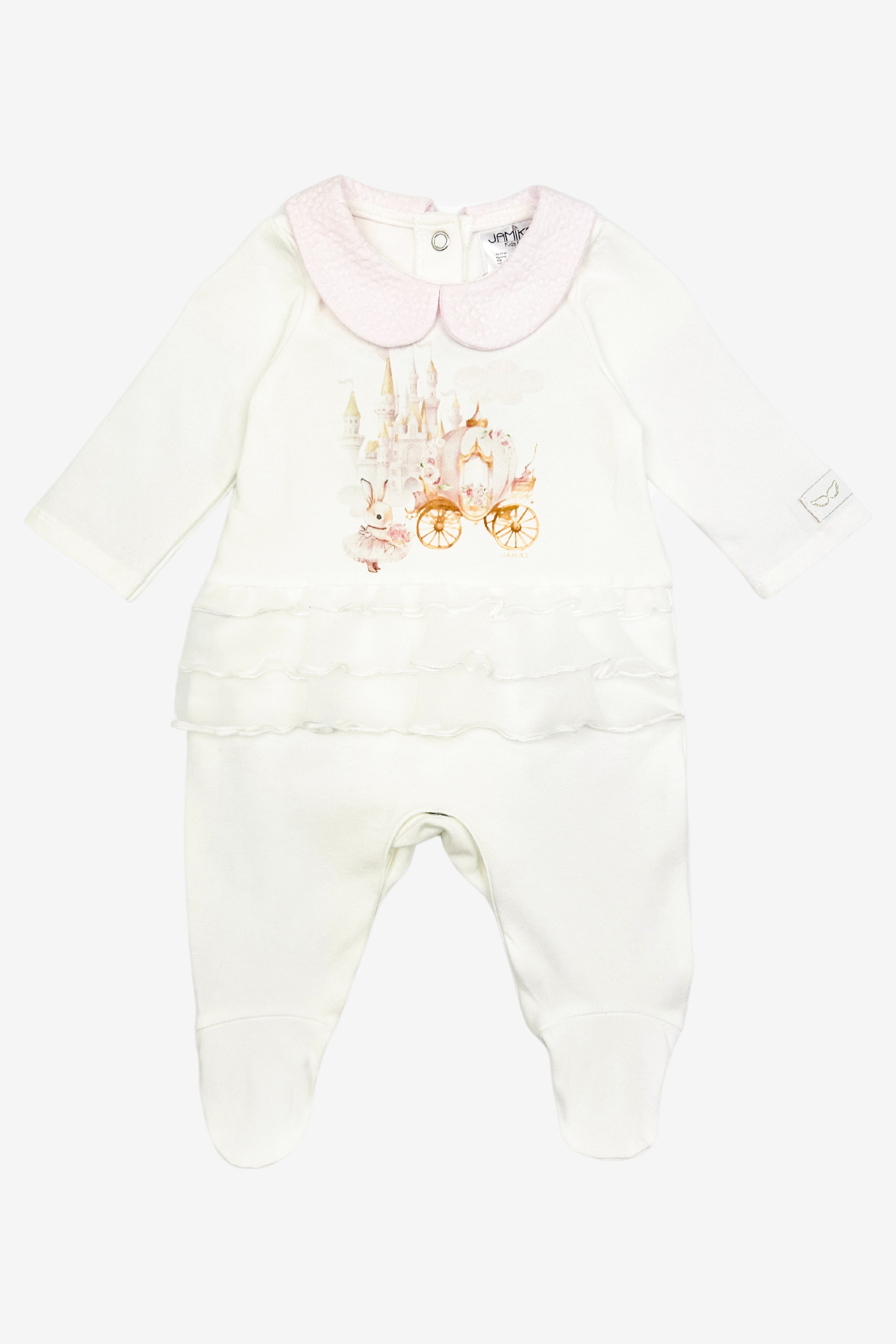 Thalia Ivory & Pink Fairytale Bunny Organza Baby Sleepsuit - Soft & Comfortable Newborn Pajamas for Girls, Perfect for Bedtime, Photo Shoots & Special Occasions