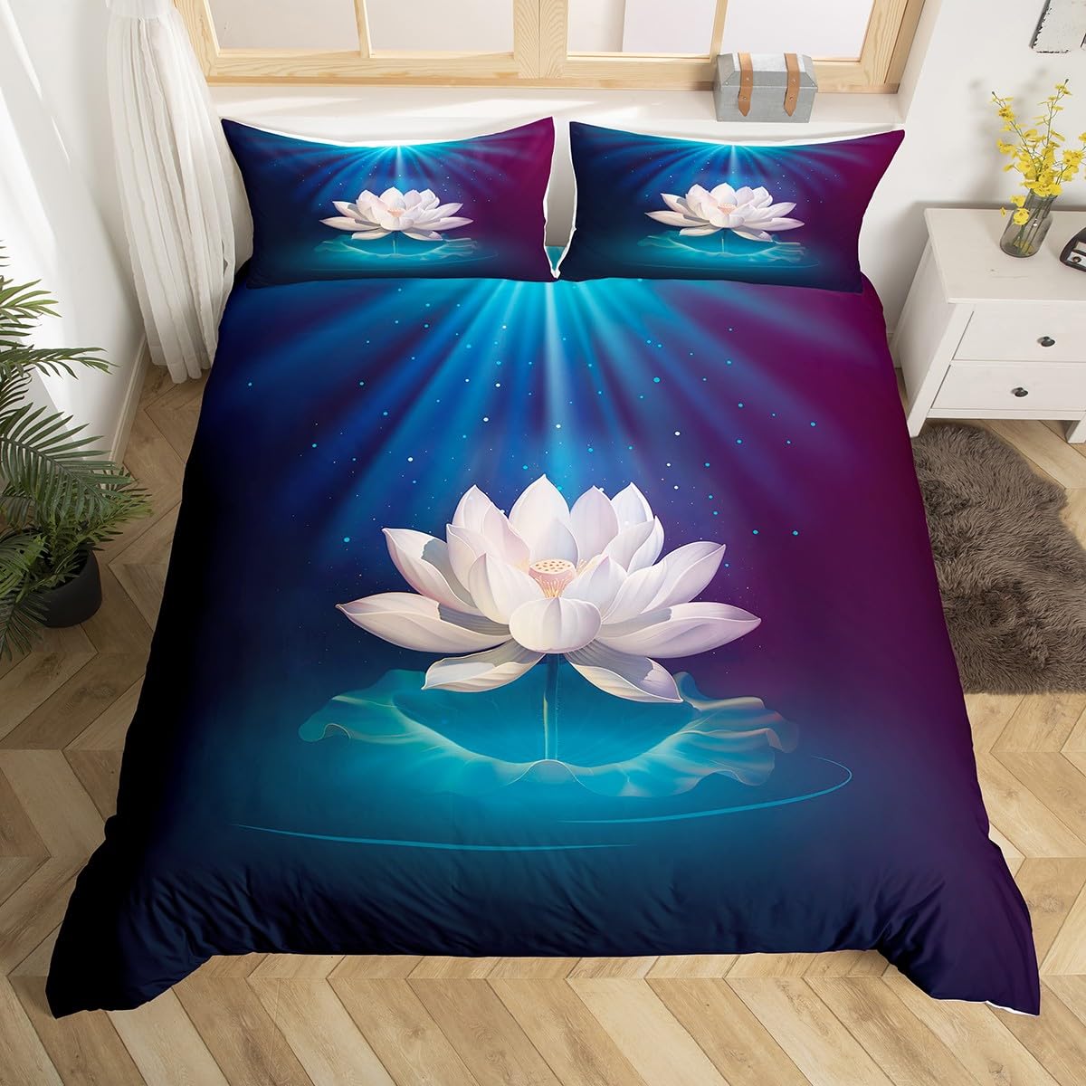 Feelyou Girls Lotus Flower Duvet Cover Set - Twin Size Blue Galaxy Floral Bedding with Pillowcase, Nature Theme Bedspread for Kids & Women's Bedroom Decor | Perfect for Cozy Sleep, Boho Chic Room Aesthetics & Gift Giving