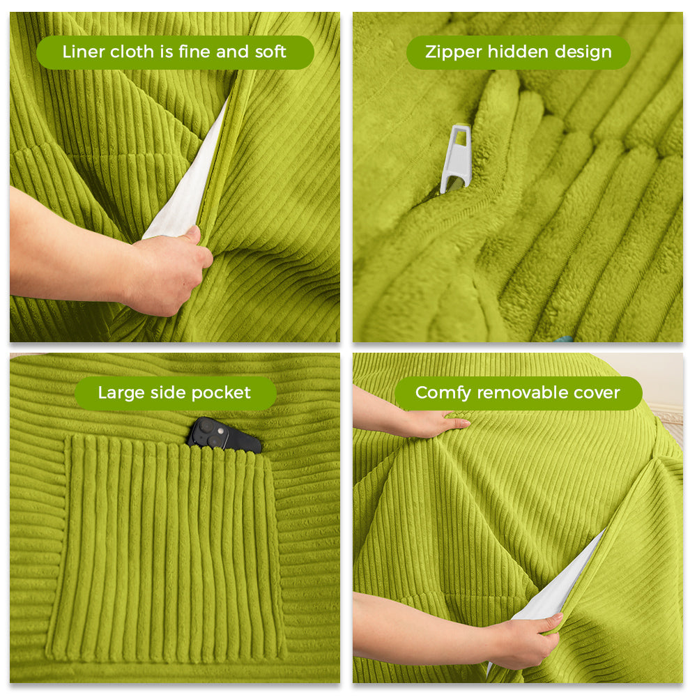 MAXYOYO Convertible Bean Bag Bed - 4ft Corduroy Sofa Sleeper Chair in Green | Multi-Functional for Living Room, Bedroom & Dorm | Comfortable Lounger & Guest Bed