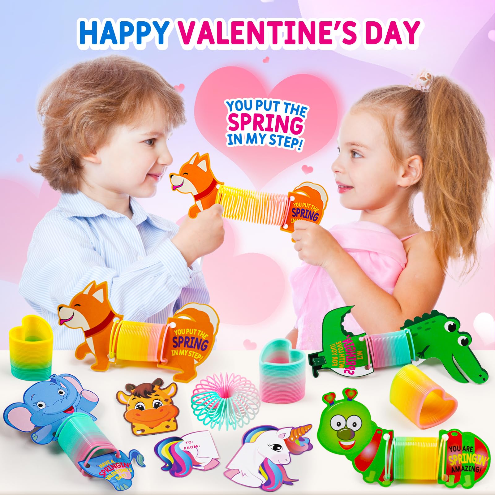 30-Pack Valentine's Day Cards for Kids with Rainbow Slinky Toys - Classroom Exchange Gifts, School Party Favors, Easter Prizes for Toddler Boys & Girls - Perfect for Classroom Activities, Holiday Celebrations & Gift Exchanges