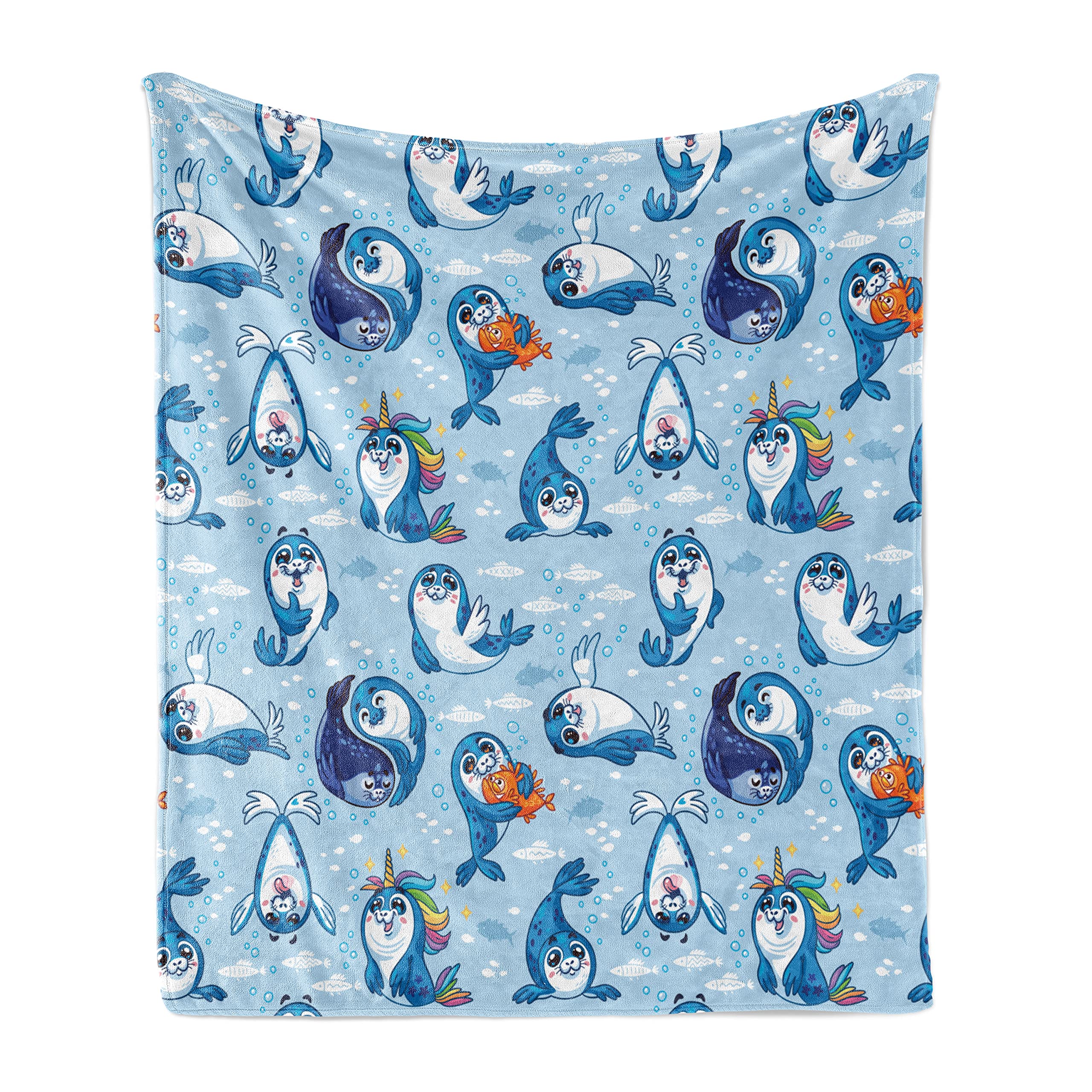 Ambesonne Sea Animals Fleece Throw Blanket - Seal Pup & Aquatic Wildlife Design, Soft Flannel Couch Cover for Adults, 50