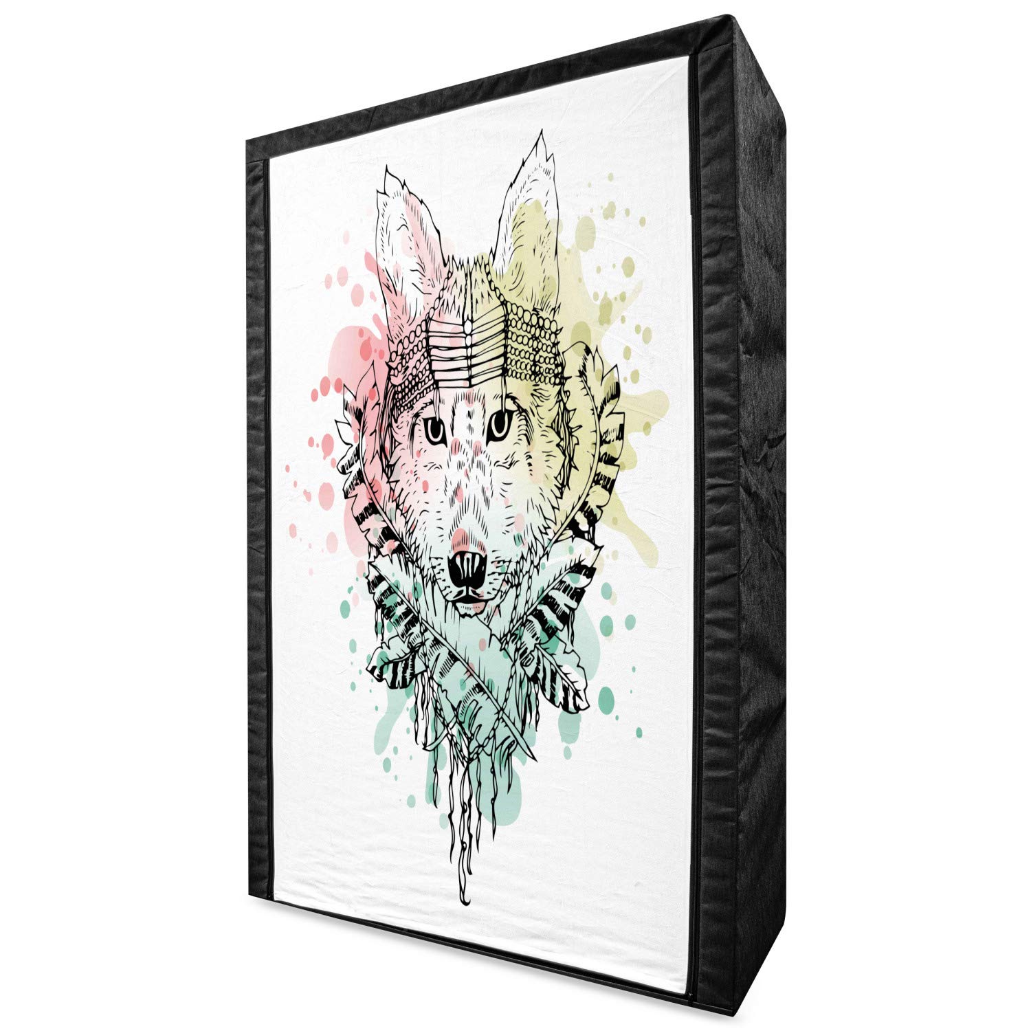 Ambesonne Abstract Portable Fabric Wardrobe - Wild Tribal Wolf Design with Rainbow Backdrop, 42.5