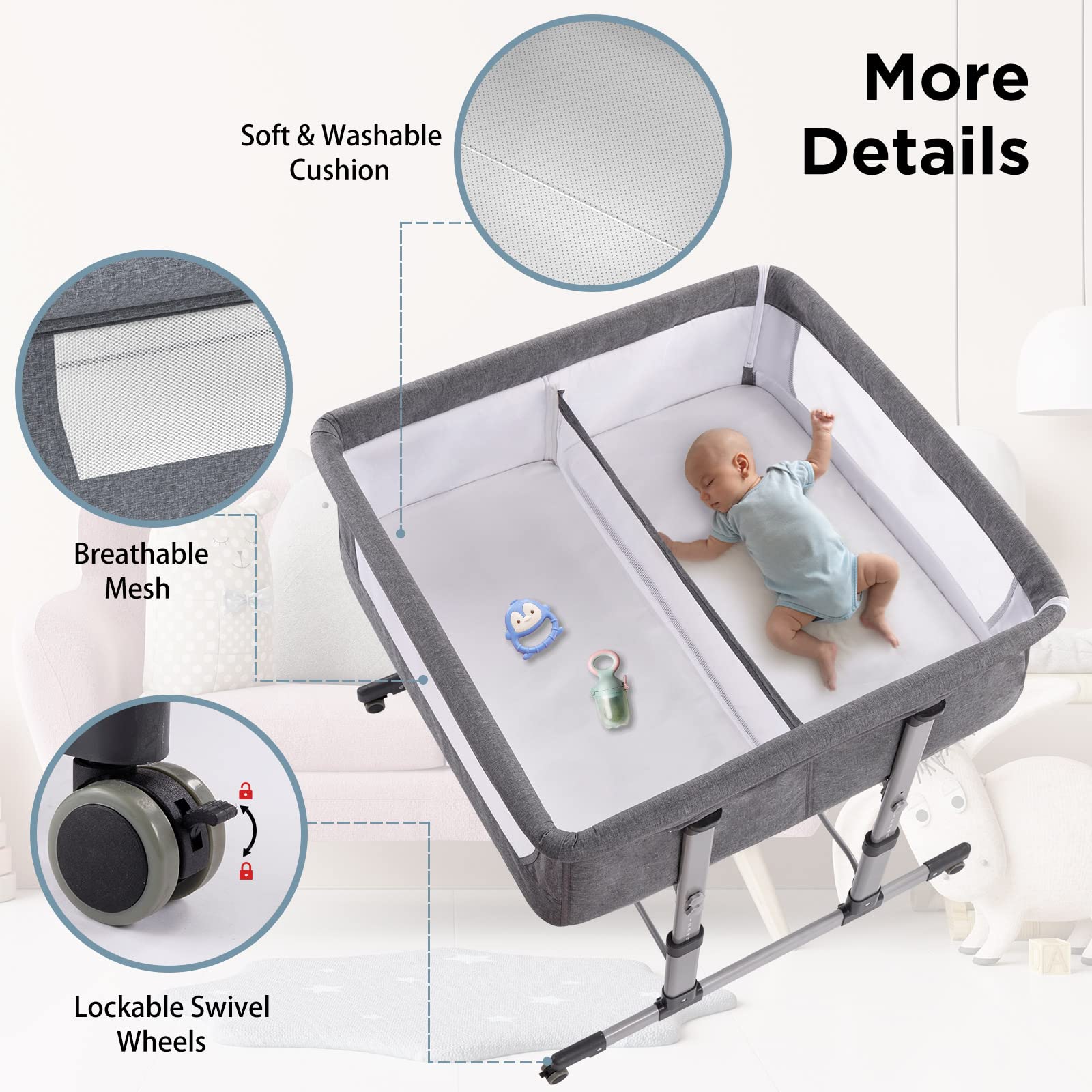 iHoming Double Bassinet for Twins - Adjustable Bedside Crib for 2 Babies, Safe Co-Sleeper with Breathable Mesh (Grey) | Perfect for Newborn Nursery & Parent Bedroom Convenience