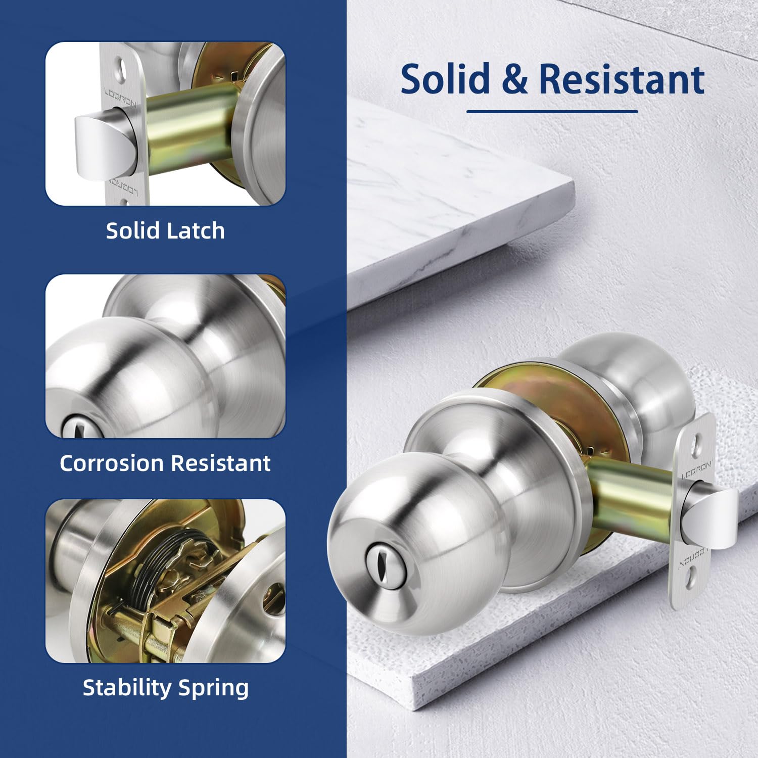 Keyless Ball Door Knob - Satin Nickel Privacy Lock for Bedroom & Bathroom - Easy Installation