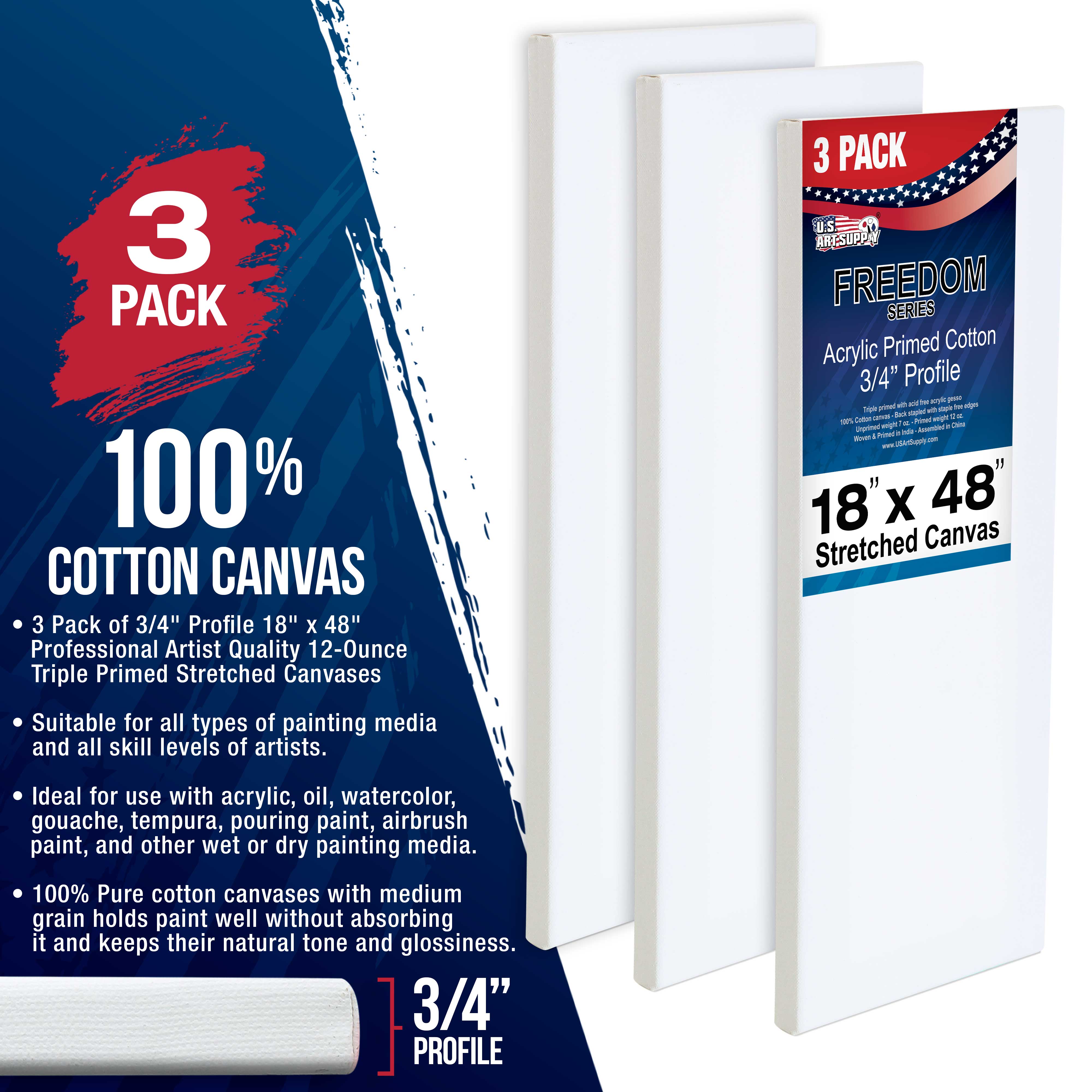 18 x 48 Inch Professional Artist Stretched Canvas - 12oz Triple Primed, 3 Pack - Heavy Weight 100% Cotton Gesso - White Blank 3/4 Profile - Perfect for Oil & Acrylic Painting, Studio Art & Home Decor