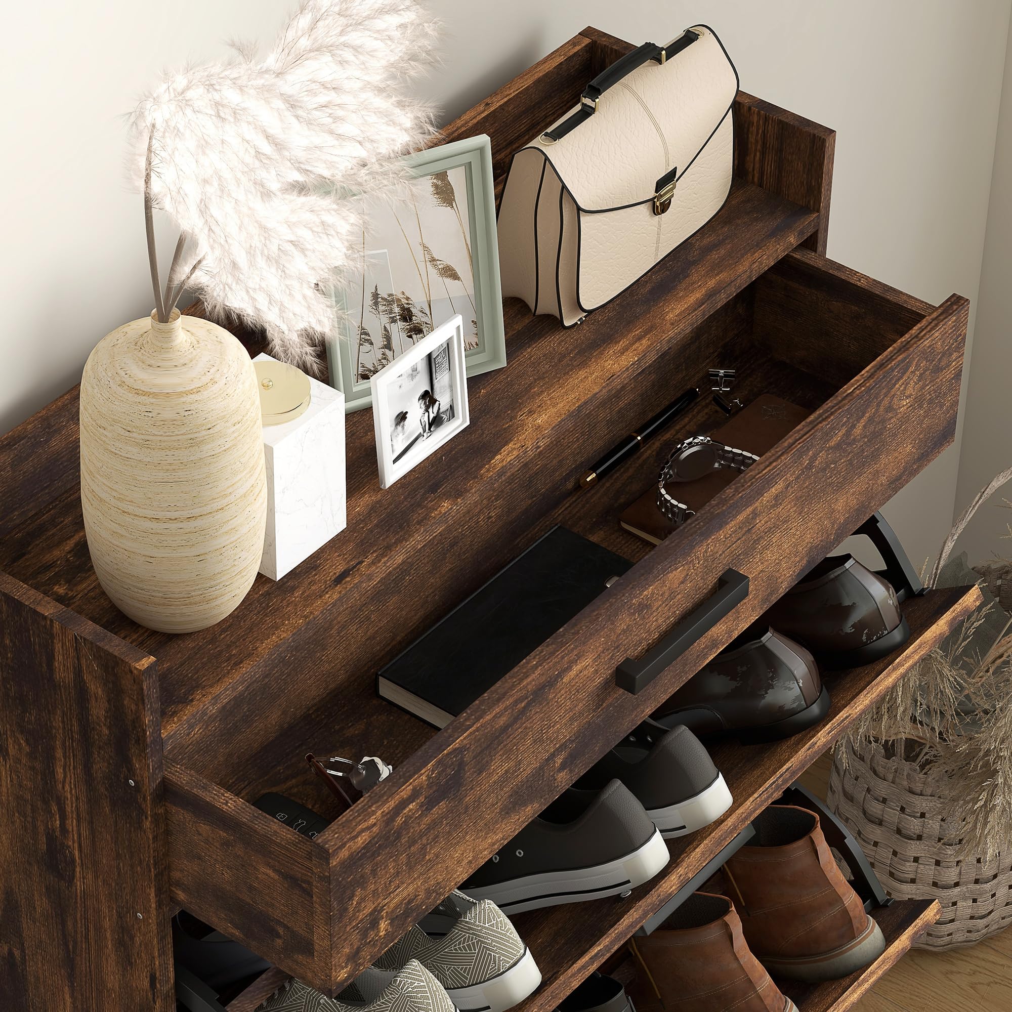 HOMCOM 12-Pair Narrow Shoe Storage Cabinet with Adjustable Shelves & 2 Flip Drawers - Farmhouse Style Entryway Shoe Organizer for Hallway, Closet, or Mudroom - Rustic Brown Wooden Shoe Rack for Small Spaces