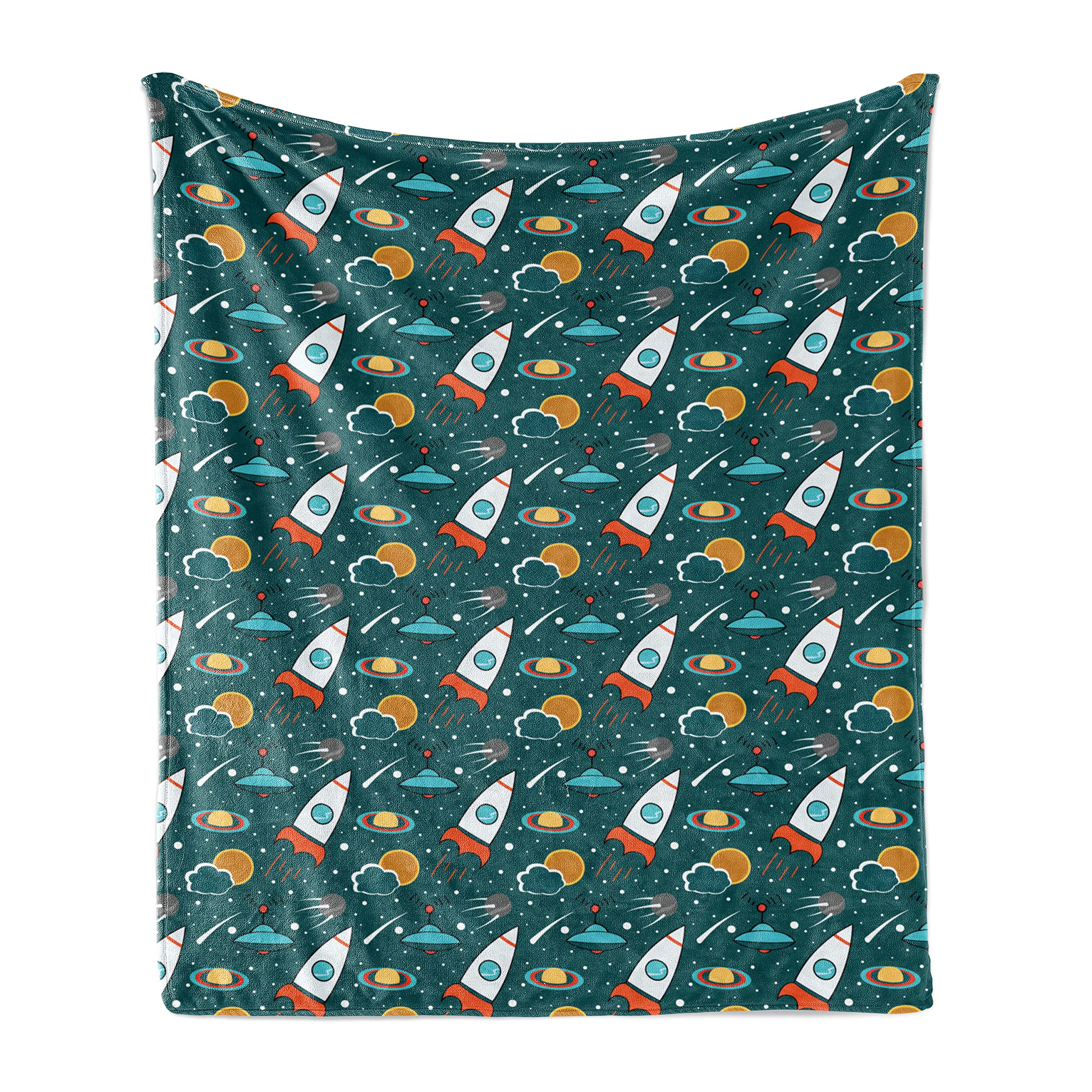 Ambesonne Futuristic Spaceship Throw Blanket - Outer Space Cartoon Design with Saturn, Sun & Nebula - Soft Flannel Fleece Accent Blanket for Couch, Bed, Sofa - 70
