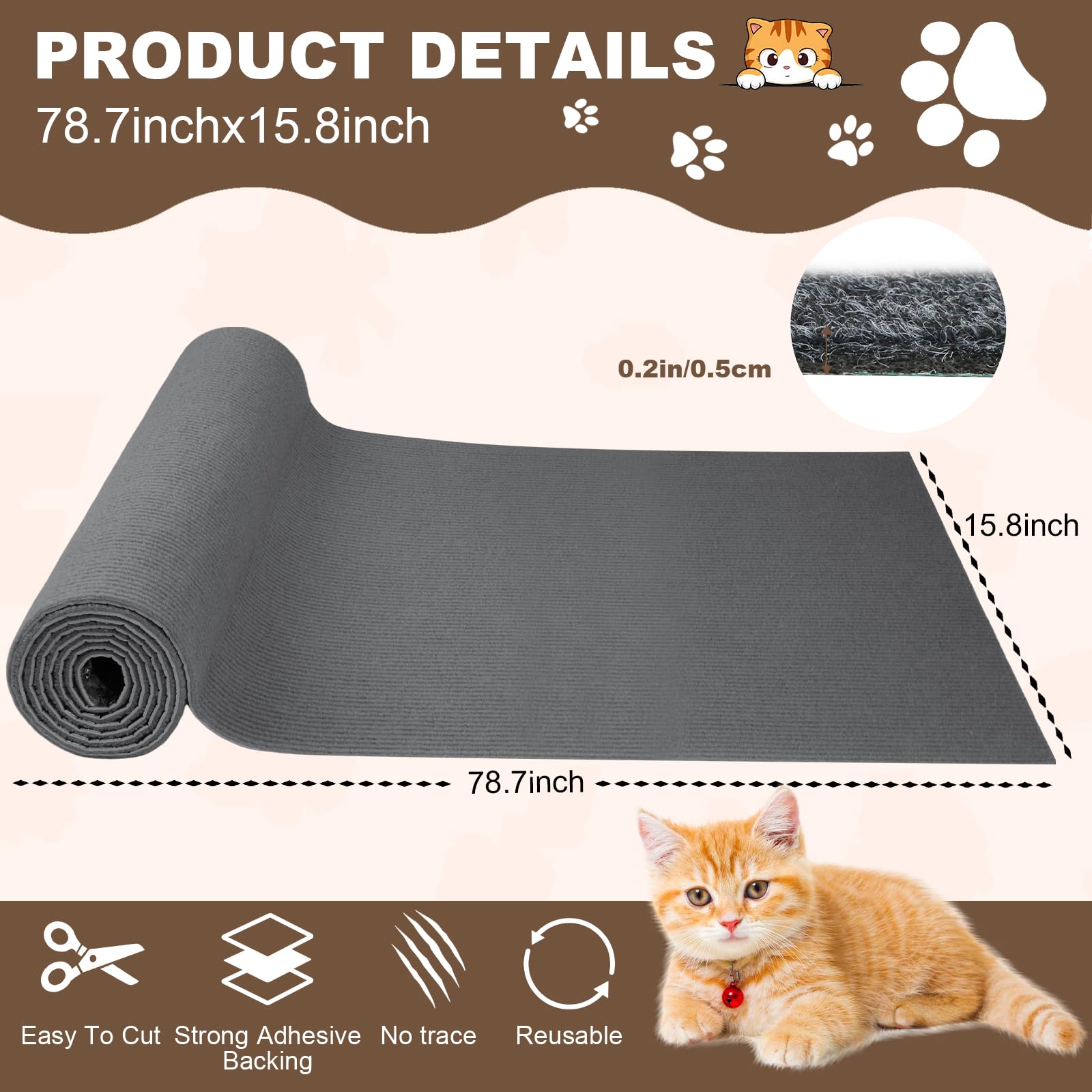 78.7x15.8 Inch Trimmable Cat Scratching Mat with Self-Adhesive - Durable Carpet Replacement for Cat Trees & Wall Shelves | DIY Furniture Protector for Sofas & Couches (Dark Grey) | Perfect for Indoor Cat Play & Home Decor