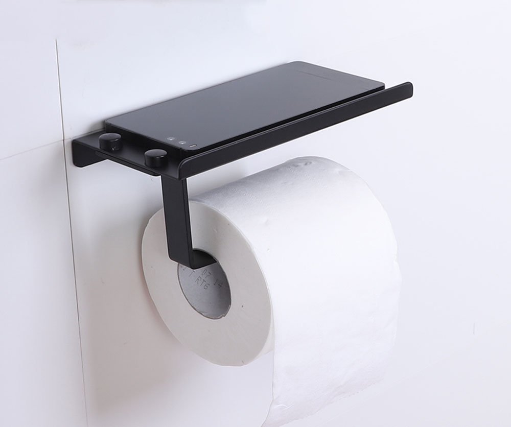 Racheljp Wall Mount Toilet Paper Holder with Phone Shelf - Black | Bathroom Organizer for Phones & Rolls | Perfect for Small Spaces & Modern Homes