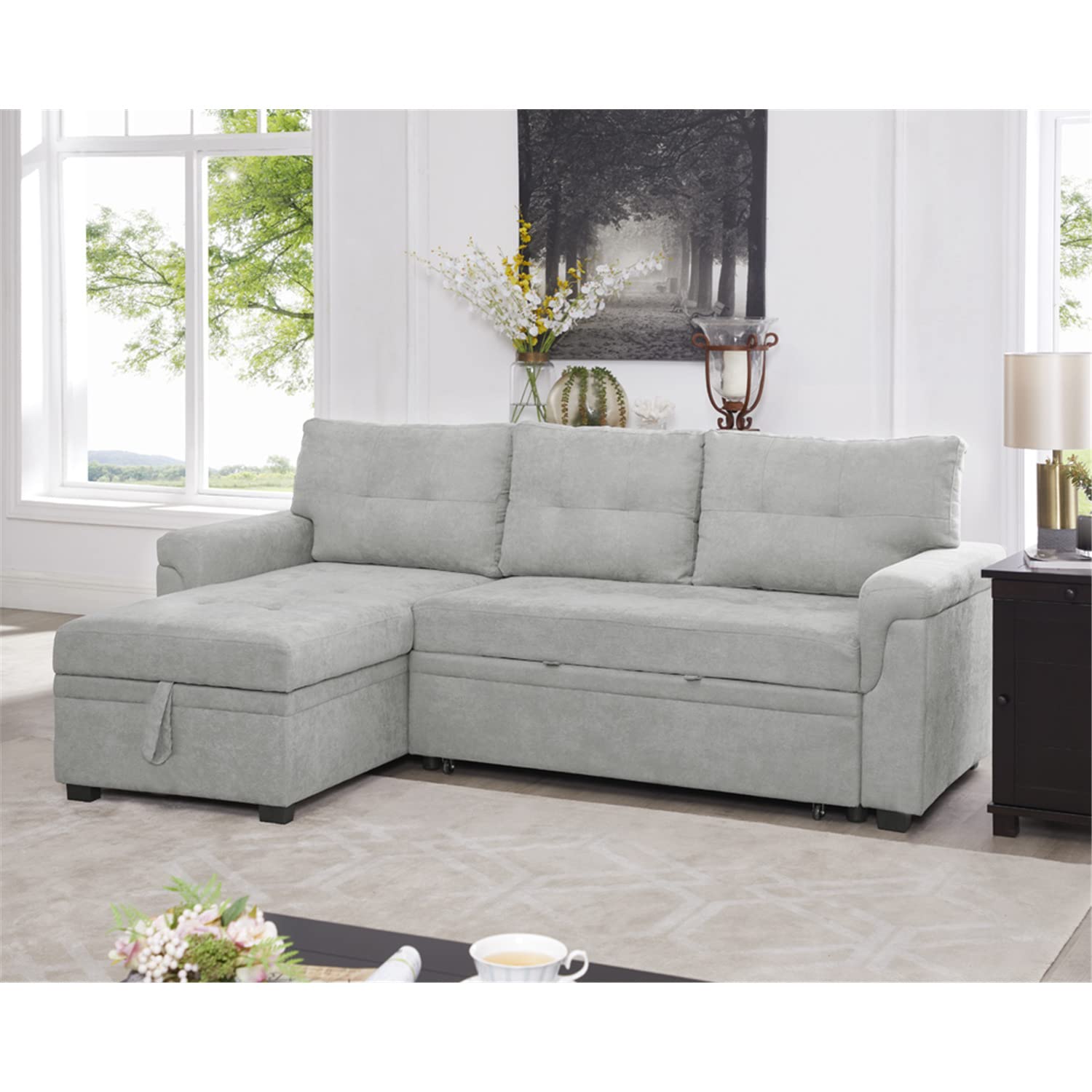Laura Reversible L-Shaped Sectional Sleeper Sofa with Chaise - Full Size Pull-Out Bed, Grey Velvet Upholstery | Perfect for Small Spaces, Guest Rooms & Studio Apartments