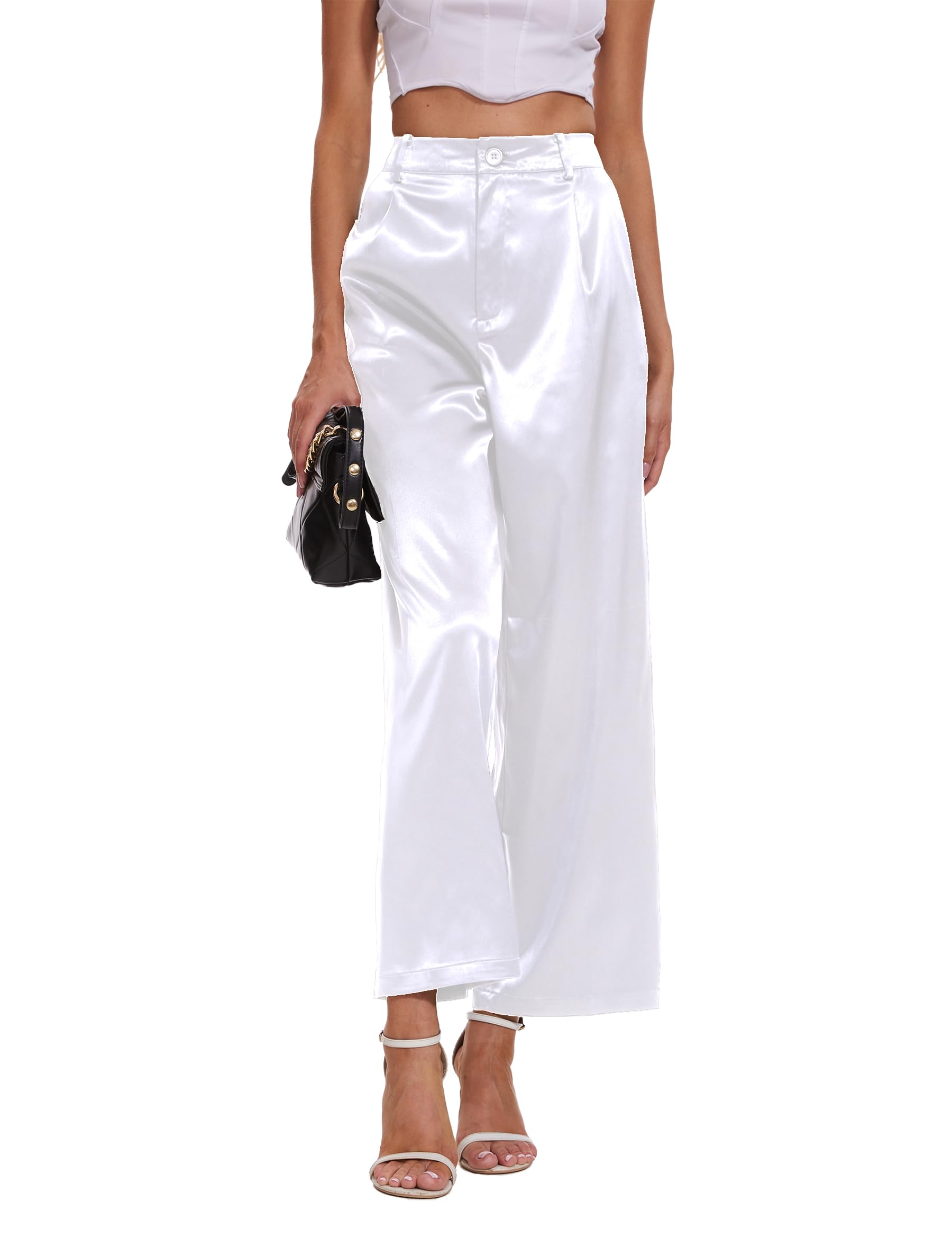 Women's High Waist Satin Wide Leg Pants - Elegant Silk Dress Pants with Pockets for Casual & Party Wear | Perfect for Office, Night Out, and Special Occasions