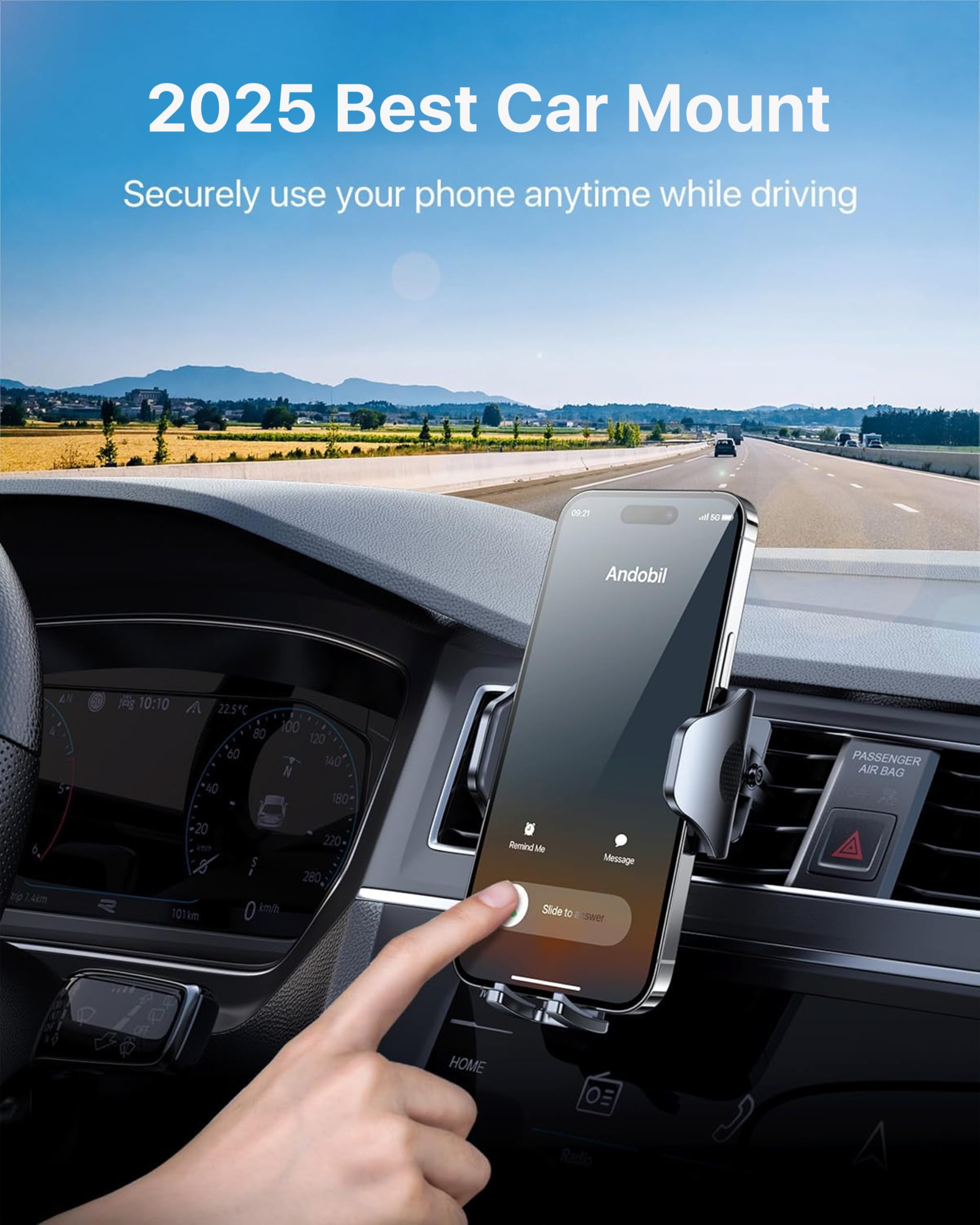 Andobil Military-Grade Car Vent Phone Holder - Ultra Secure Non-Slip Grip for iPhone 16/15/14/13/12 Pro Max & Samsung S24 (Silver) | Perfect for Road Trips, Commuting & GPS Navigation