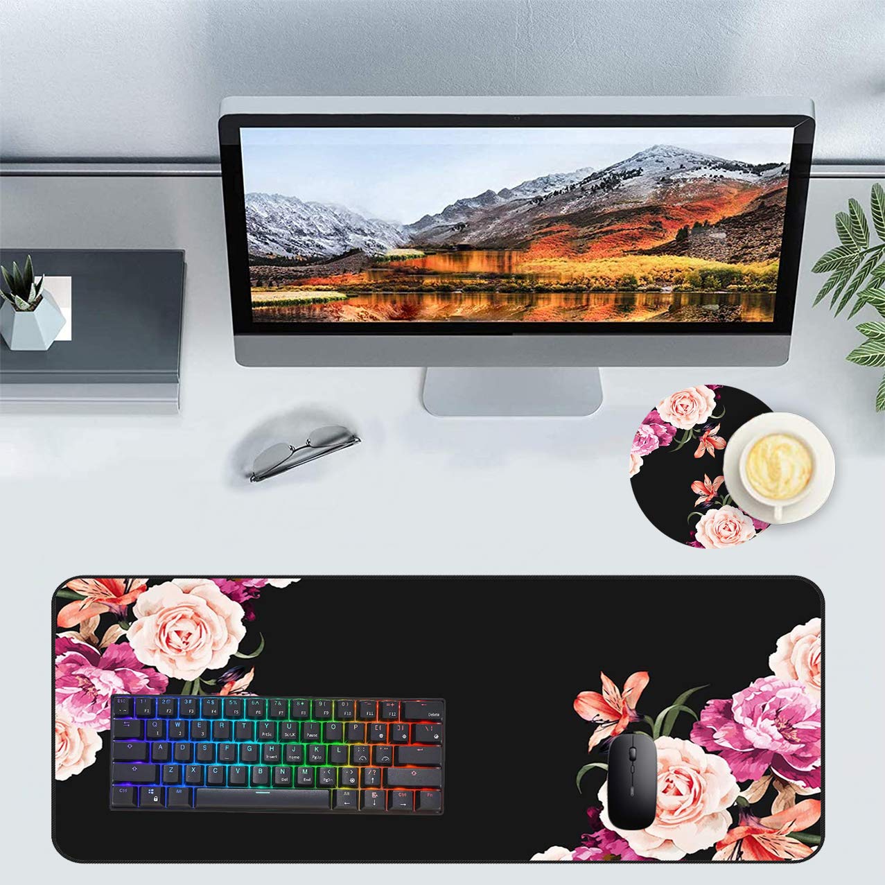 Extended Gaming Mouse Pad with Non-Slip Rubber Base & Stitched Edges - Large Waterproof Desk Mat for Work, Gaming & Office Use - Peony Flower Design - Perfect for PC, Laptop & Home Workspace