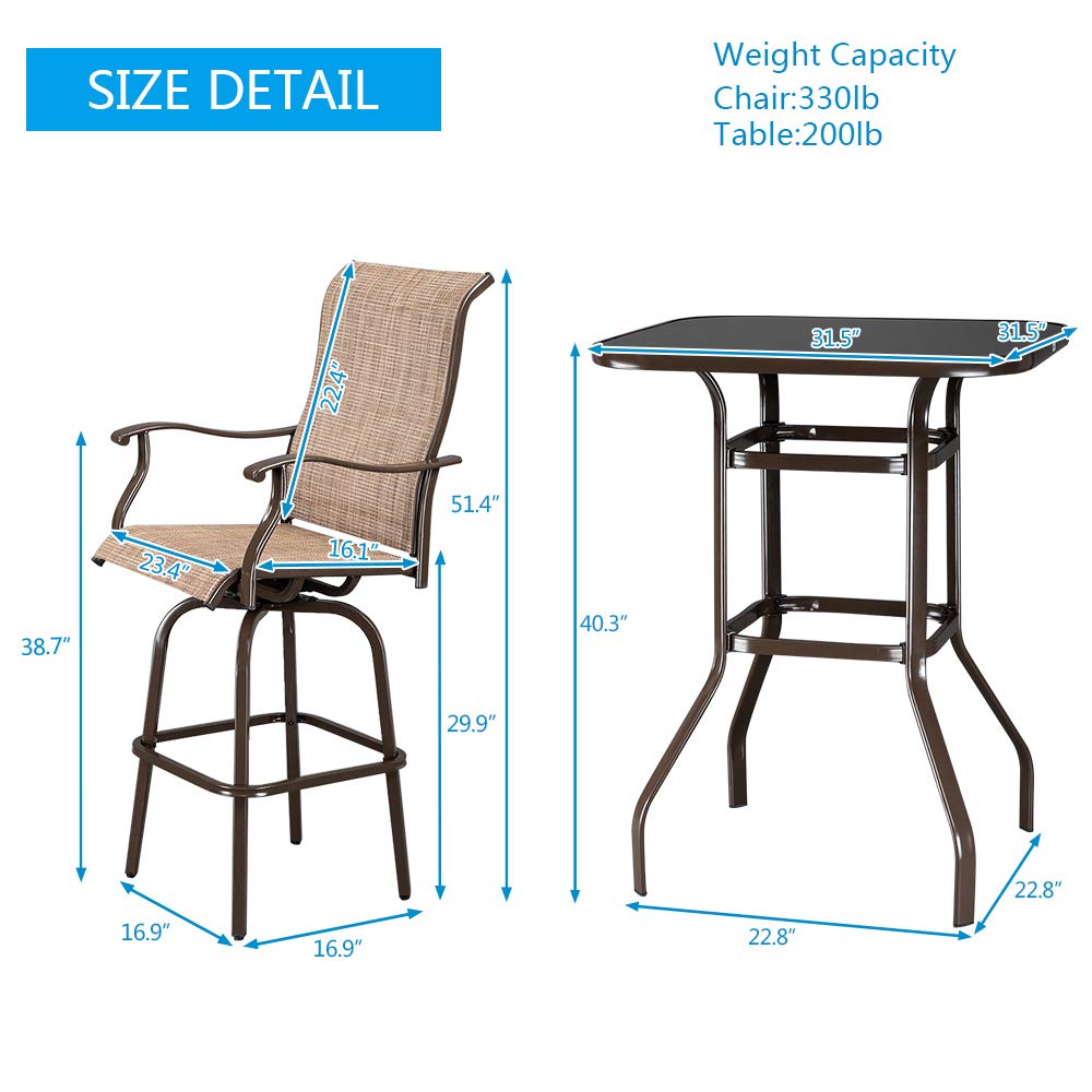 VINGLI Upgraded 3-Piece Swivel Outdoor Bar Set - 2 Swivel Bar Stools & High Top Table for Patio, Garden, Yard, Deck - Weather-Resistant Brown Bistro Set for Outdoor Dining & Relaxation
