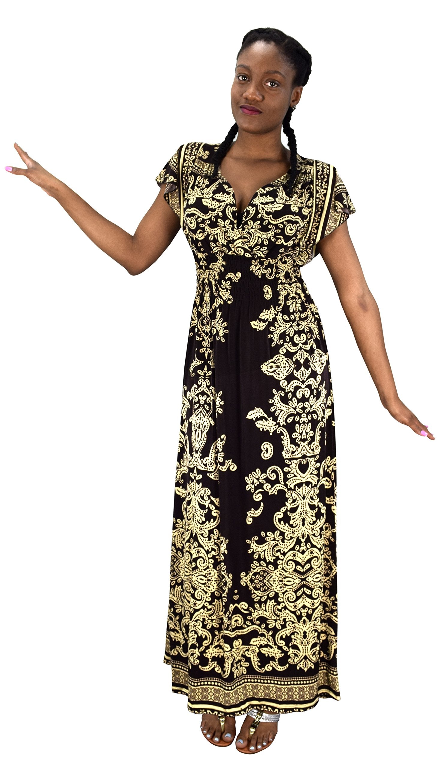 Elegant Women's Summer Maxi Dress with Surplice Bodice & Cap Sleeves - Floral Damask Print for Beach Vacations, Garden Parties & Date Nights