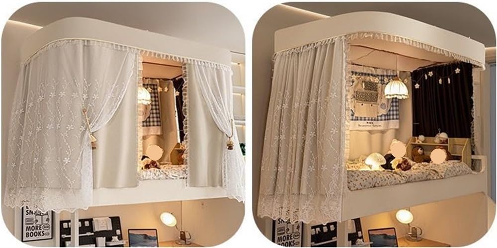 Bunk Bed Canopy Curtain Set with Frame - Top & Lower Bunk Bed Tent with Mosquito Net - Beige Loft Bed Curtains for Kids & Teens - Perfect for Dorm Rooms, Bedrooms & Sleepovers