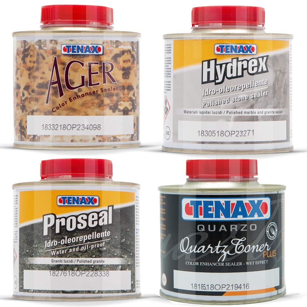 Tenax Granite Sealer, Marble Sealer, Stone Sealer & Concrete Sealer - 4 Piece Mini Sample Set for Countertops, Floors & Outdoor Surfaces | Waterproof & Stain Protection for Natural Stone & Concrete