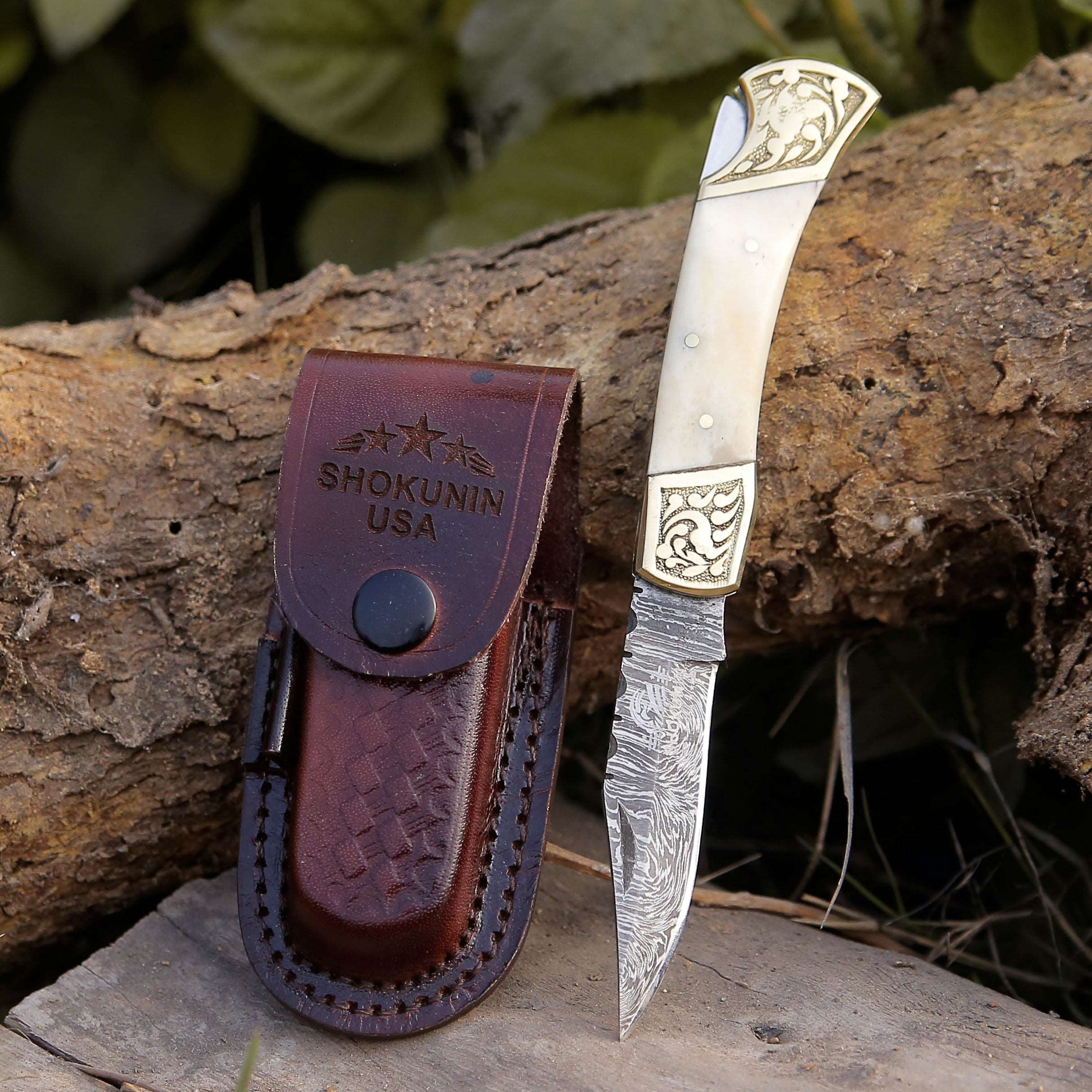 Premium Damascus Steel Expedition Pocket Knife with Bone Handle - Outdoor Survival, Camping, Hunting, and Everyday Carry (EDC)