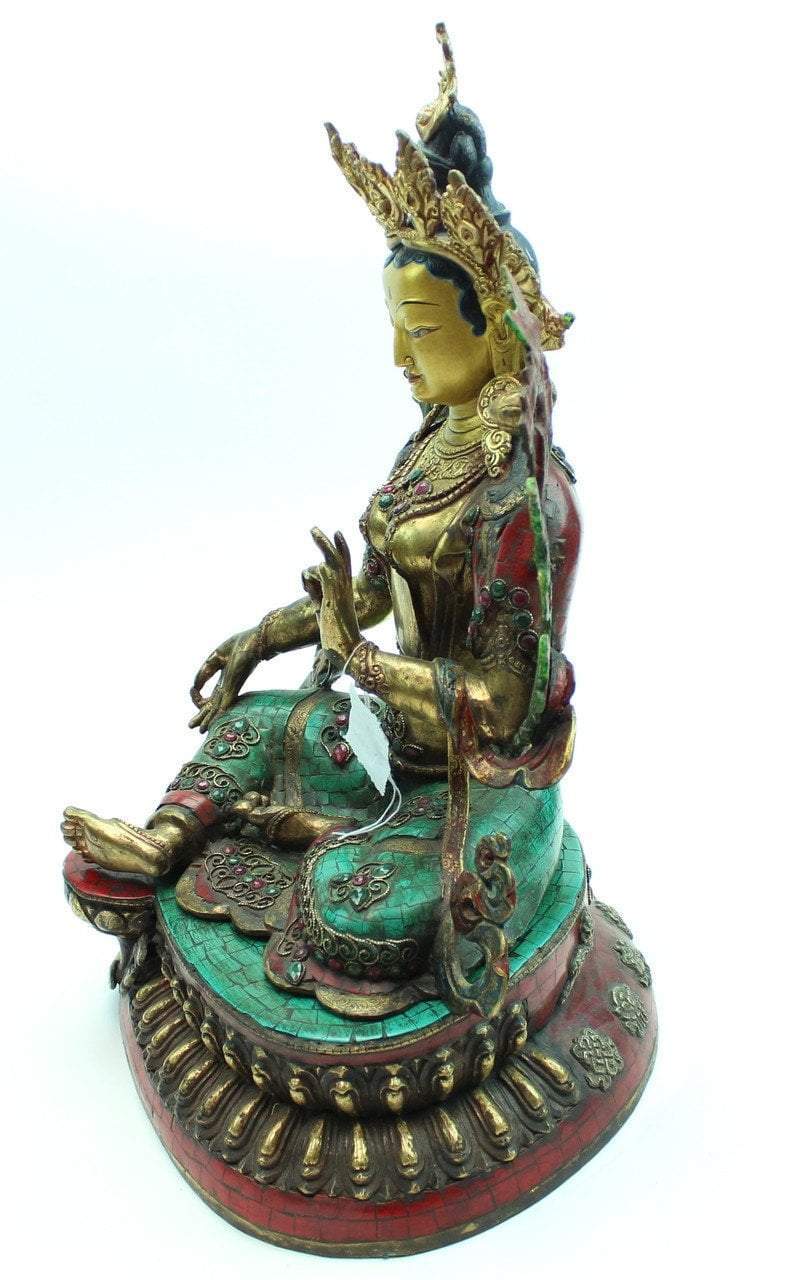 19 Inch Green Tara Mosaic Jeweled Statue - Handcrafted Buddhist Deity Sculpture for Home Altar, Meditation Room & Spiritual Decor