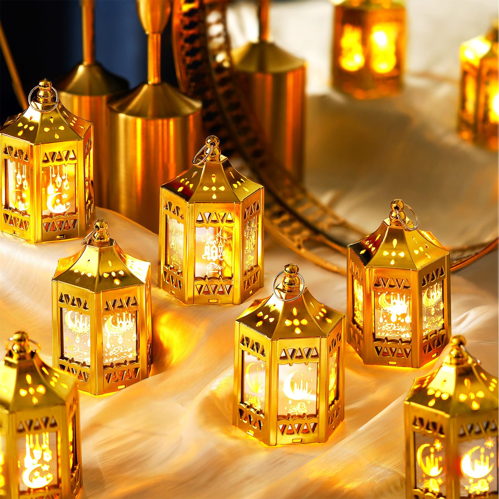 12 Pcs Vintage Style Ramadan Lanterns - Battery Powered LED Eid Decorations with Cute Patterns, Gold Hanging Lights for Home, Table & Wall Decor - Perfect for Ramadan, Eid Mubarak Celebrations & Islamic Festivals