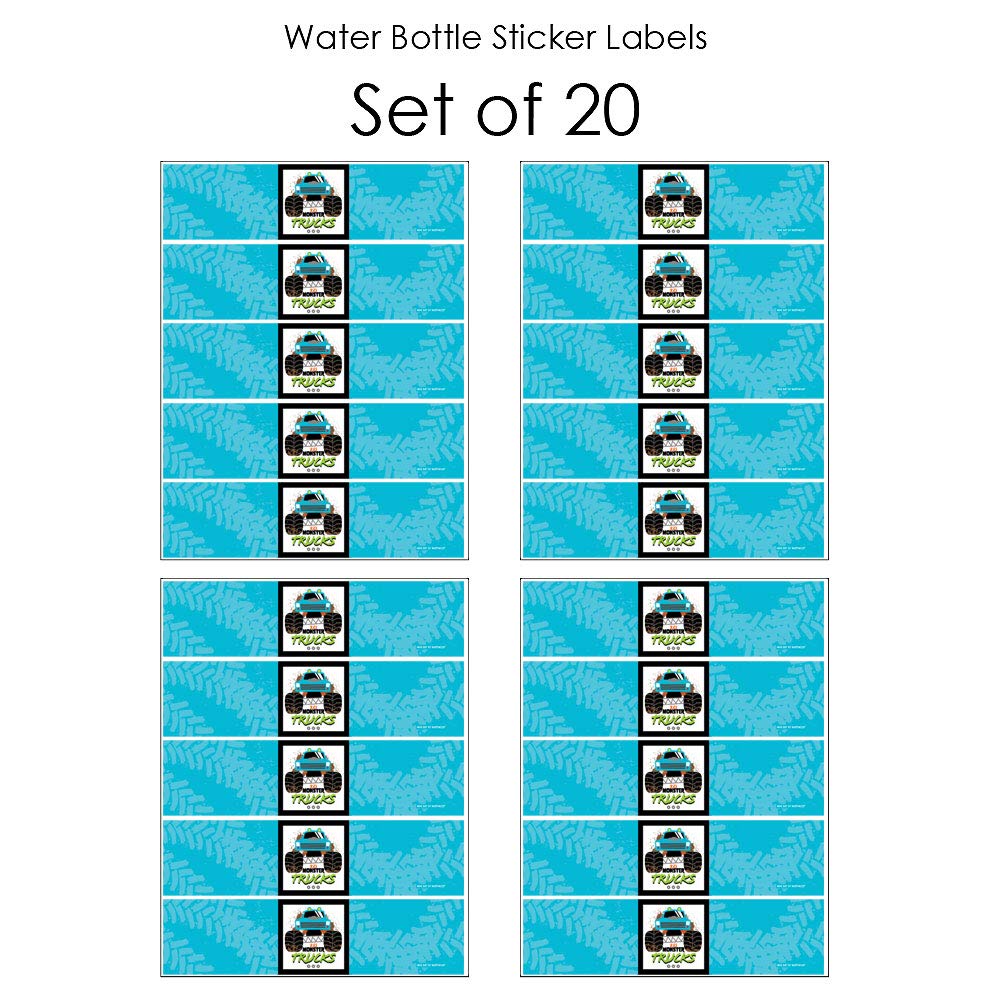 Big Dot of Happiness Smash and Crash Monster Truck Birthday Party Stickers - 20-Pack Water Bottle Labels for Boys - Perfect for Kids' Birthday Parties, School Events & DIY Crafts