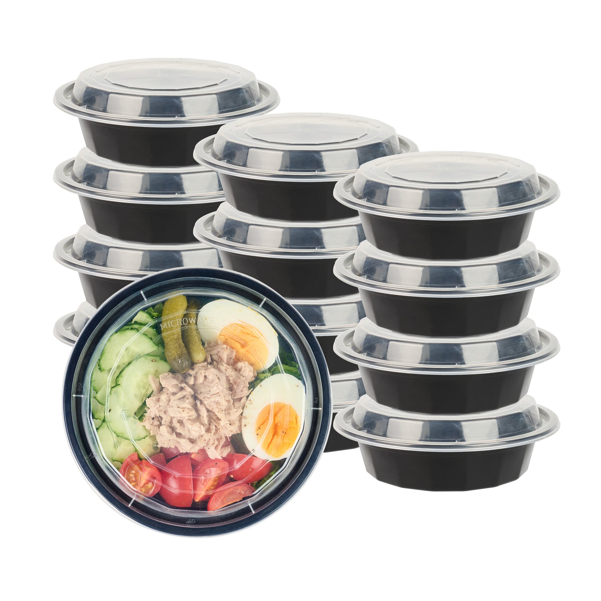 16 oz Round Black Plastic To Go Containers with Clear Lids - 100 Pack, Microwave Safe (6.25