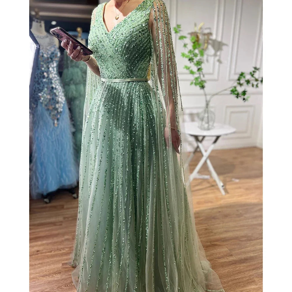 Elegant Beaded A-Line Dubai Evening Gown with Cape Sleeves - Luxury 2025 Celebrity Party Dress for Women - Perfect for Red Carpet Events, Galas, and Formal Occasions