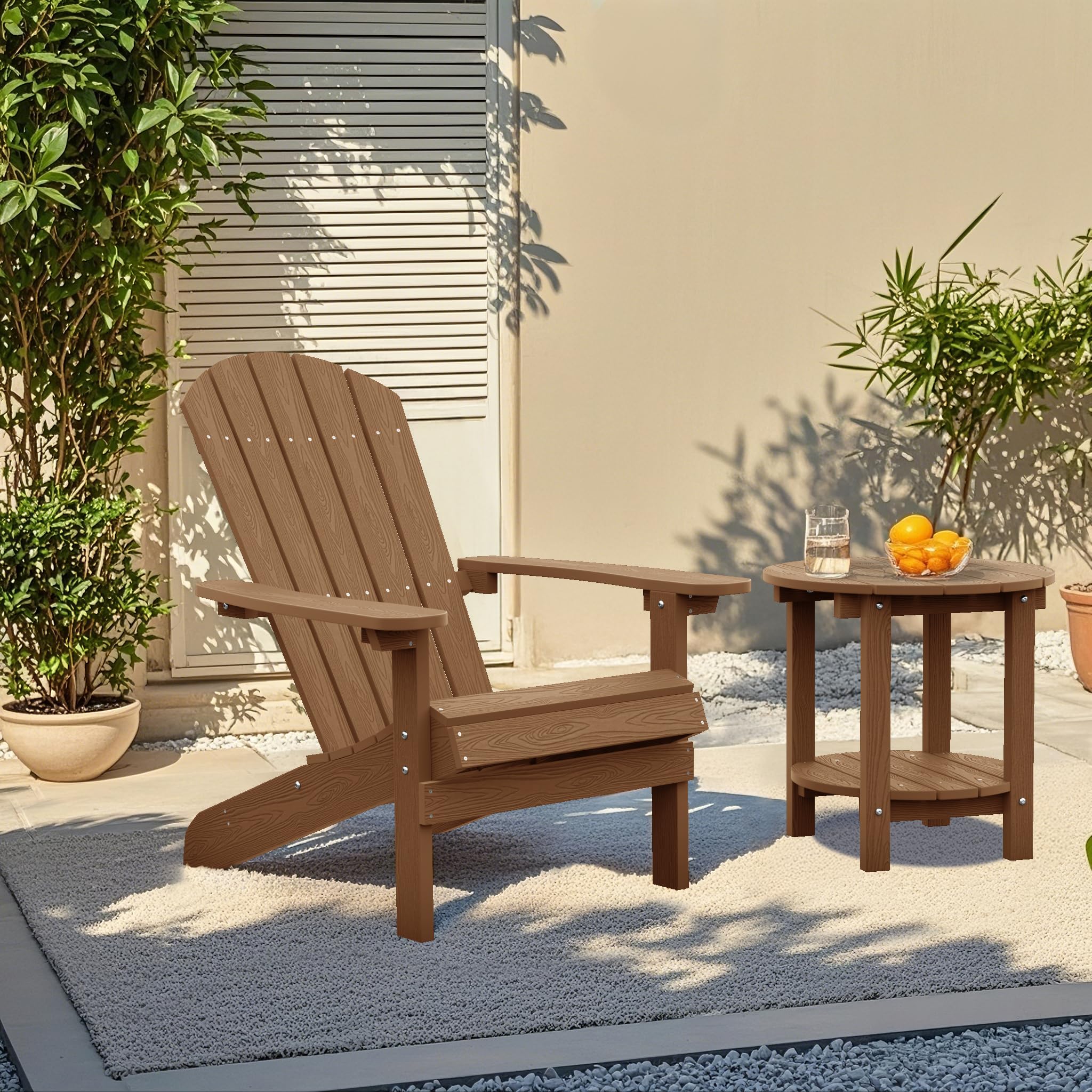 YEFU 2-Piece Adirondack Chair Set - Durable HIPS Plastic Outdoor Chairs with Wood Grain Texture - Patio, Lawn, Deck, Garden, Fire Pit Seating for Adults (Teak Brown) - Perfect for Backyard Relaxation & Outdoor Gatherings
