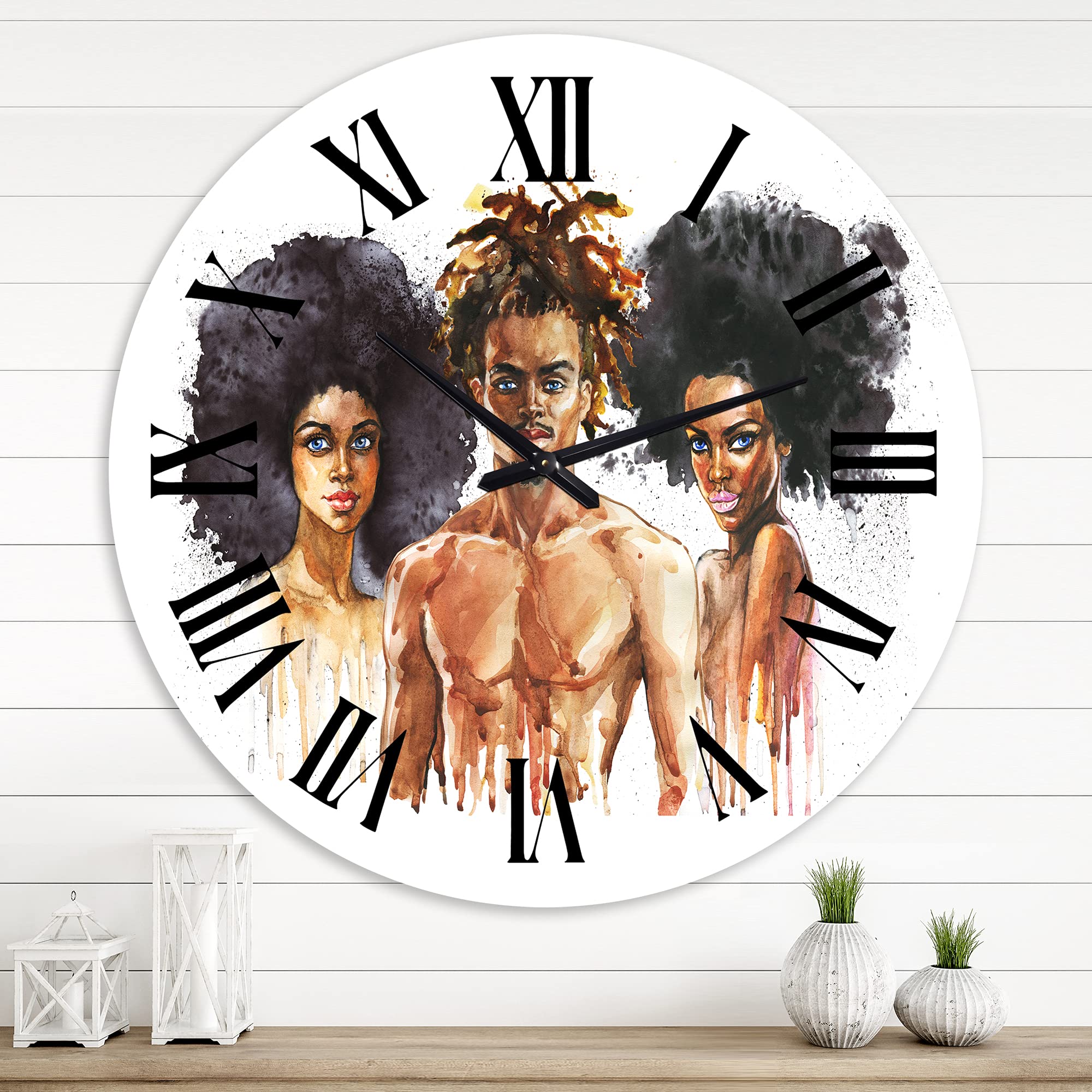 DesignQ Glam Wall Clock - 'Afro American Fashion Portraits' Large Decorative Wall Clock for Bedroom, Living Room & Office - Unique Home Decor & Stylish Gift Idea