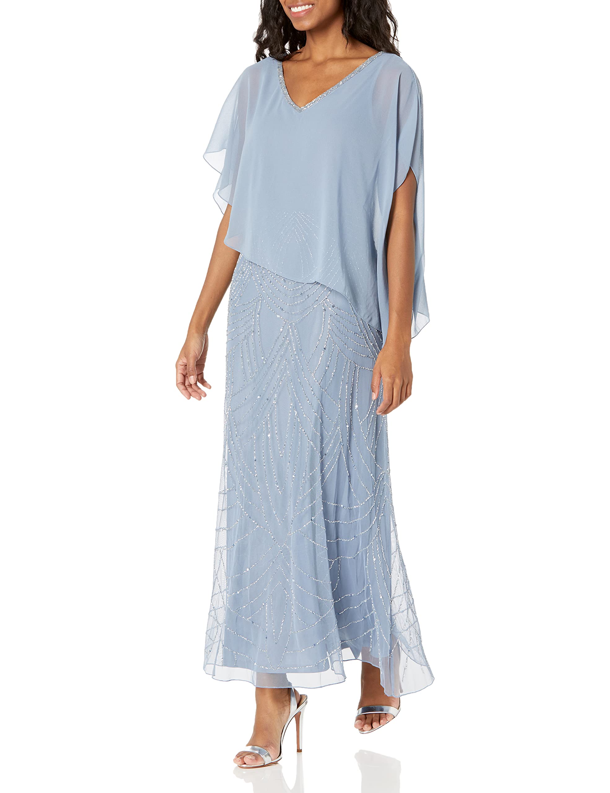 J Kara Women's Petite Beaded Hem Long Dress - Elegant Caplet Sleeve Formal Gown for Evening Parties, Weddings & Special Occasions