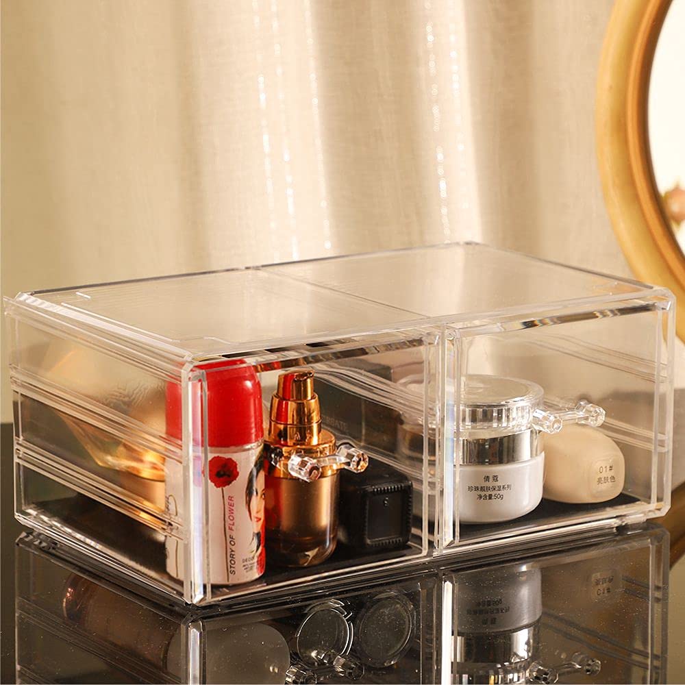 4 Pack Clear Acrylic Skincare Organizer - Stackable 7 Drawer Makeup Storage for Vanity | Cosmetic Organizer for Jewelry, Hair Clips & Beauty Products | Perfect for Bathroom Counter, Dressing Table & Bedroom Decor
