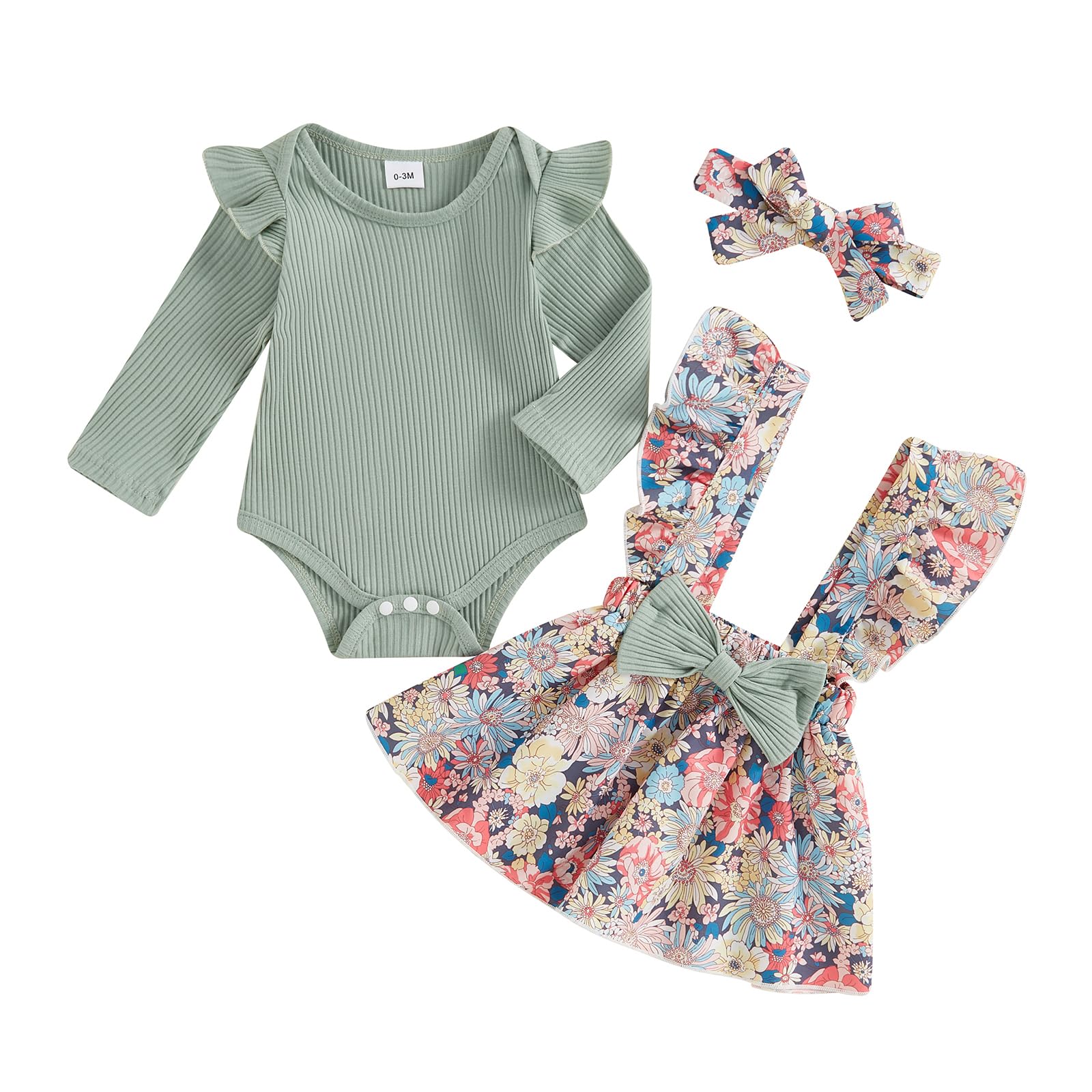 Newborn Baby Girl Outfit Set - Soft Long Sleeve Ribbed Romper + Adorable Bow Suspender Skirt + Matching Headband | Cozy Winter & Fall Infant Clothes | Perfect for Photoshoots, Holidays & Special Occasions
