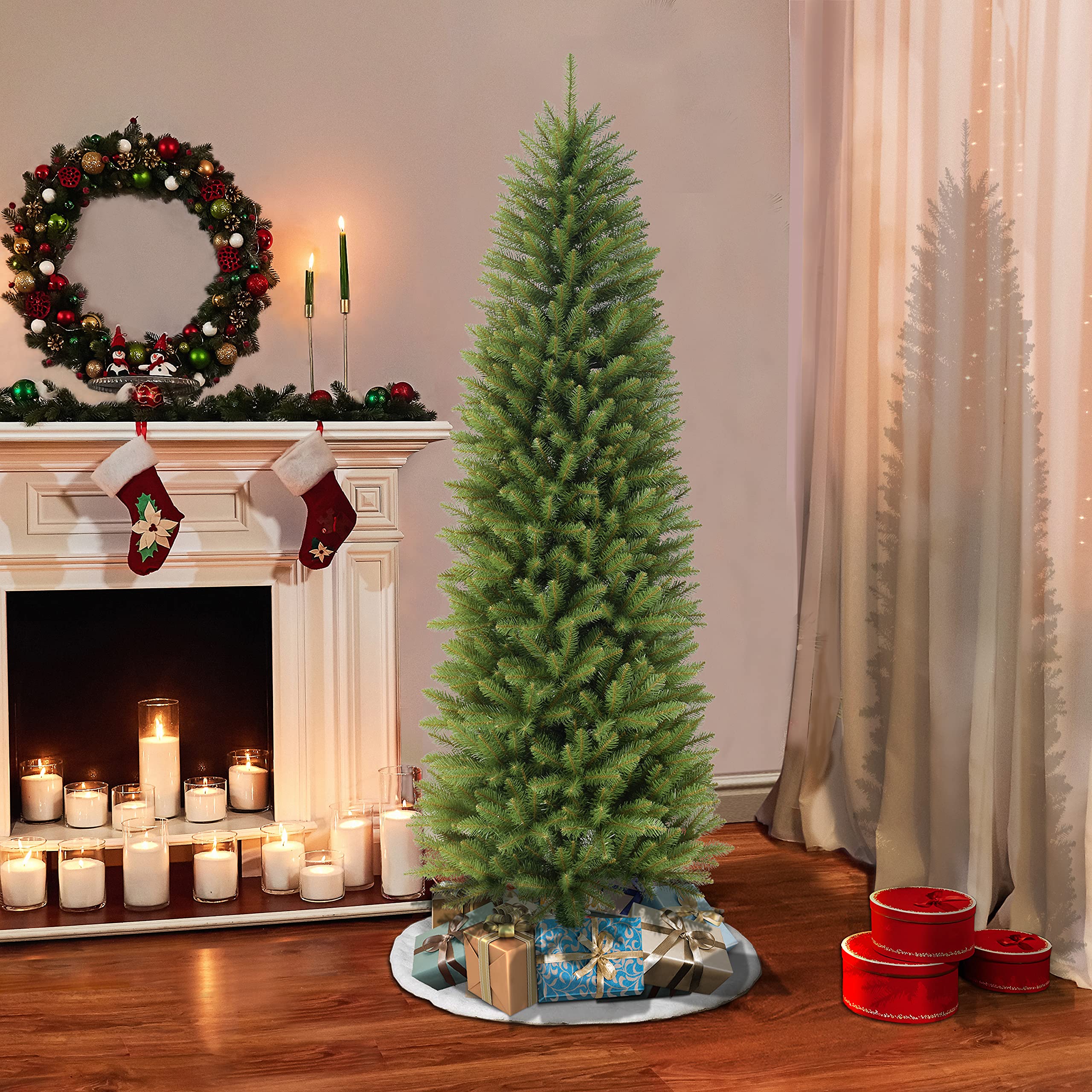 Puleo International 6.5ft Pre-Lit Pencil Fraser Fir Artificial Christmas Tree with Stand - Green Holiday Decor for Small Spaces (FFPT-65) | Perfect for Apartments, Offices & Cozy Home Decor