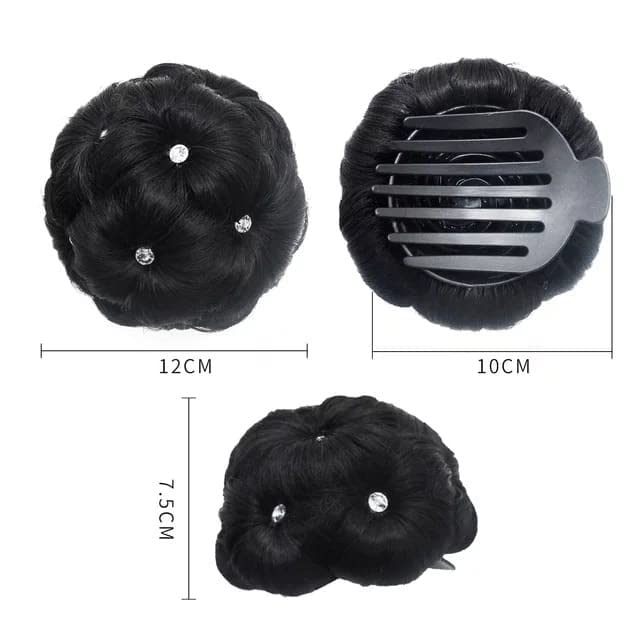 La Belleza Women's Hair Clutchers with Stones - Juda Bun Hair Extension - Artificial Synthetic Hair in Natural Black for Weddings, Parties & Special Occasions