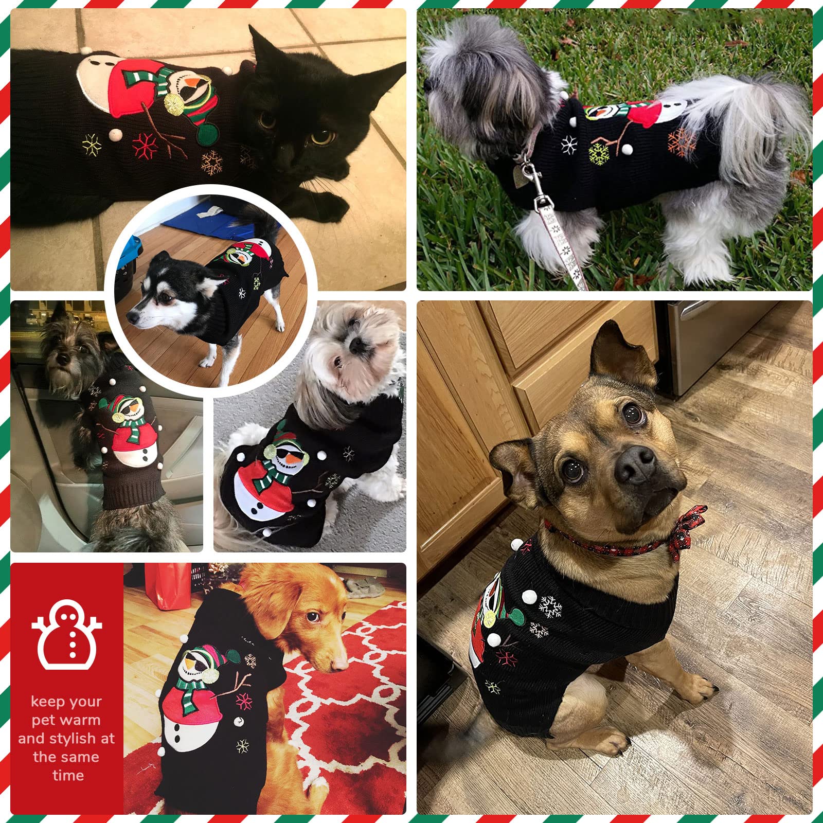 PETCARE Black Snowman Christmas Dog Sweater - Festive Ugly Holiday Pullover Vest for Small & Medium Dogs & Cats - Cozy Winter Pet Costume for Xmas, New Year & Fall Celebrations - Perfect for Holiday Photos & Indoor/Outdoor Winter Wear