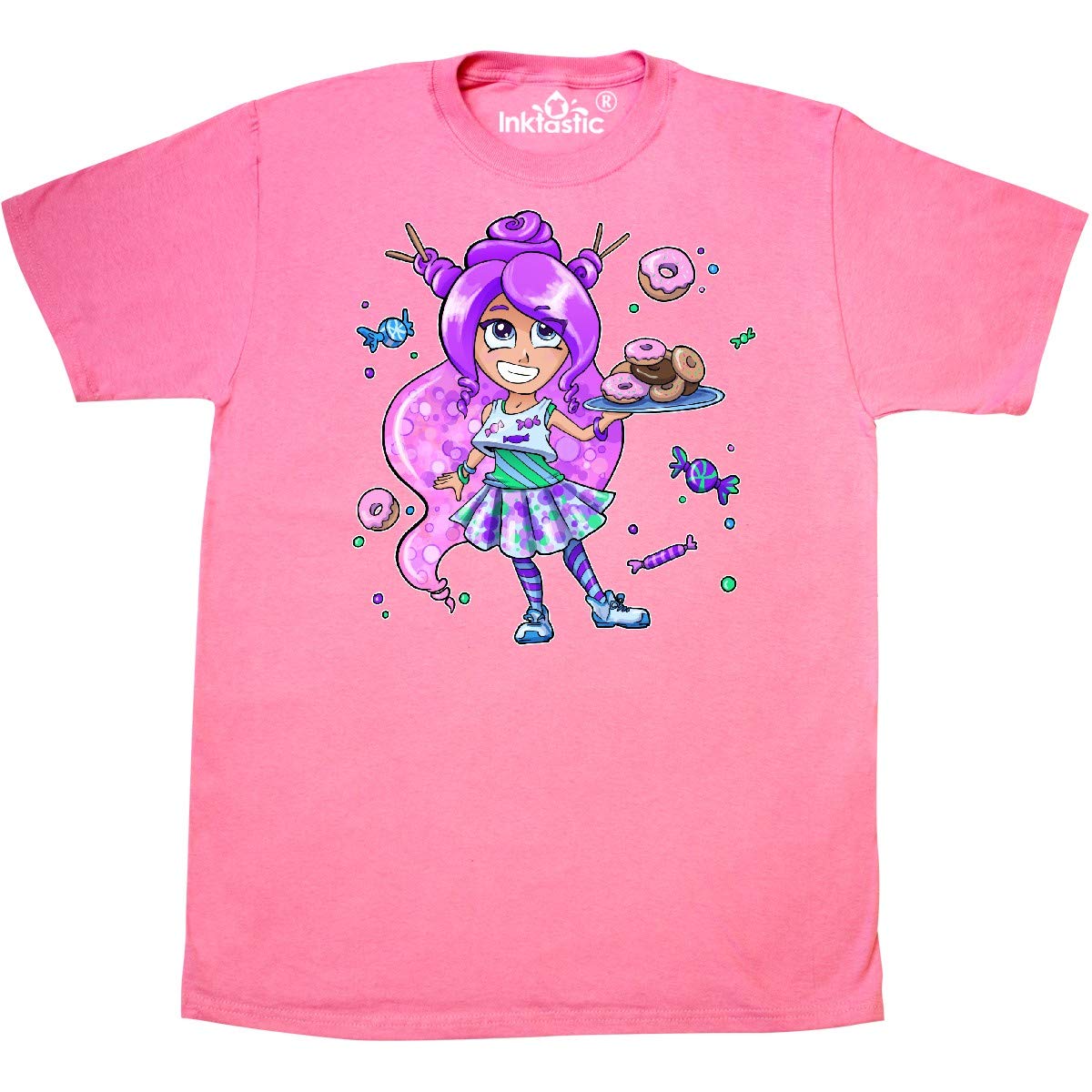 Inktastic Women's Purple Hair Donuts and Candy Graphic T-Shirt - Fun Casual Tee for Donut Lovers, Sweet Tooth Fashion, Birthday Gifts & Everyday Wear