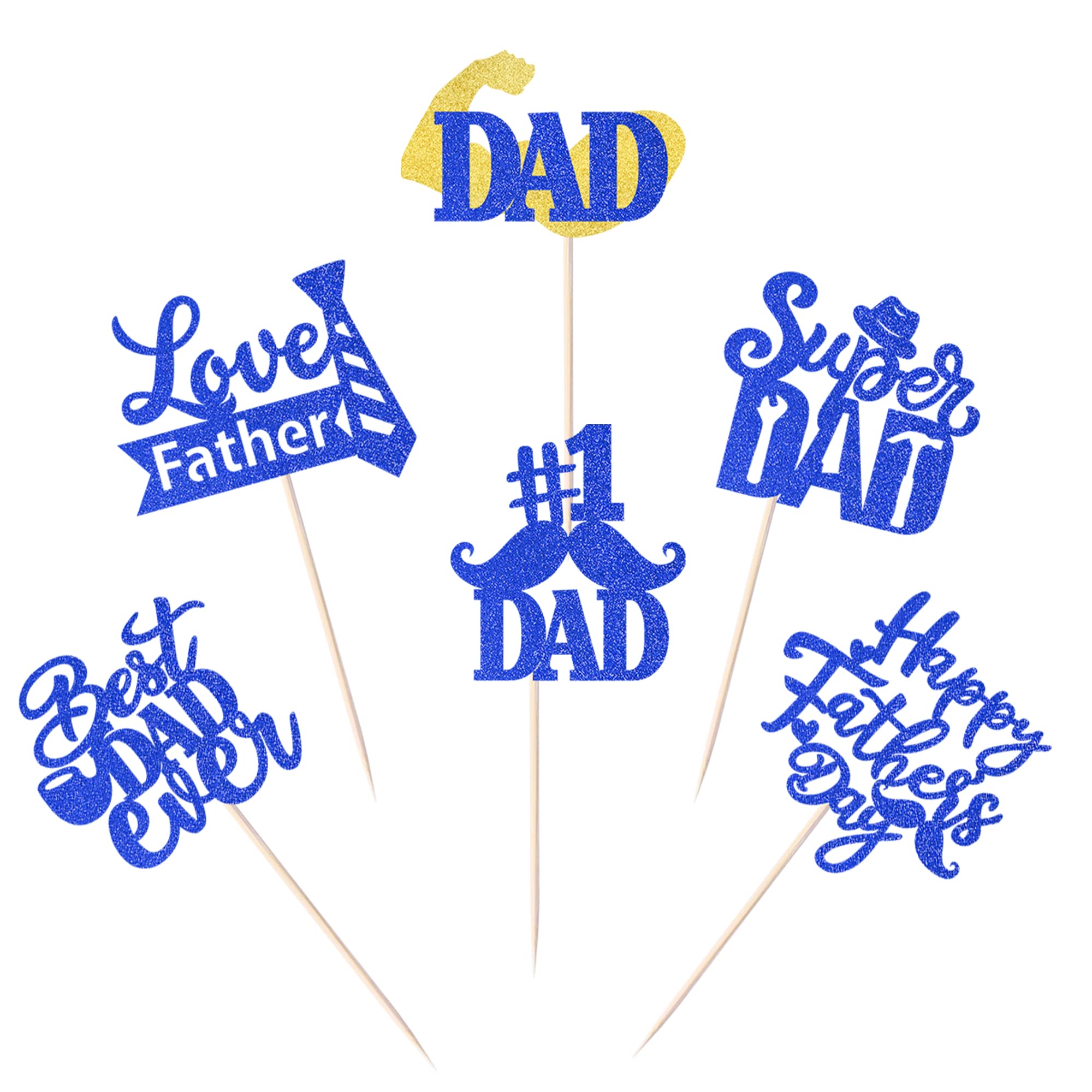 24 Pack Happy Father's Day Cupcake Toppers - Glitter Best Dad Ever Cake Decorations with #1 Dad, Tie, Mustache & Hat Designs - Perfect for Father's Day Parties, Men's Birthday Celebrations & DIY Cake Decorating