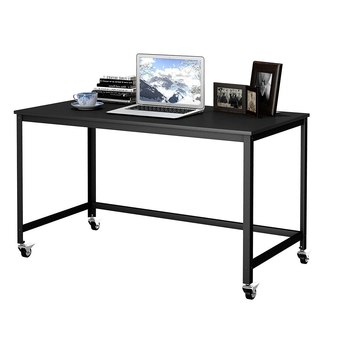 Black Rolling Computer Desk - Adjustable Laptop Workstation with Wheels, Large Full-Size Study Table for Home Office, Gaming & Workspace - Ideal for Writing, Reading, Business & Personal Use in Living Room or Bedroom