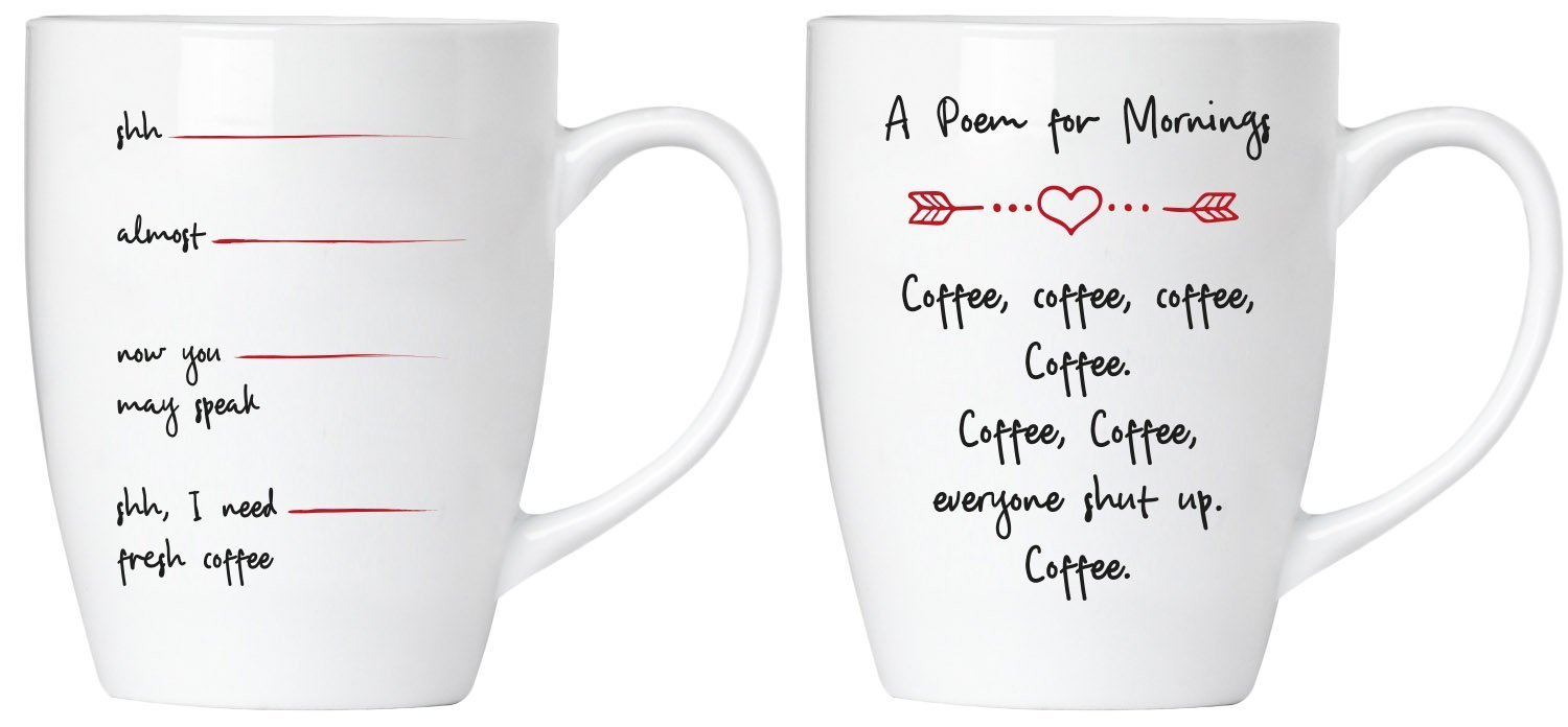 Set of 2 Ceramic Coffee Mugs with 'Morning Poem - Shut Up!' Design - Includes Greeting Card - Perfect for Gifts, Office Use & Cozy Morning Coffee Moments