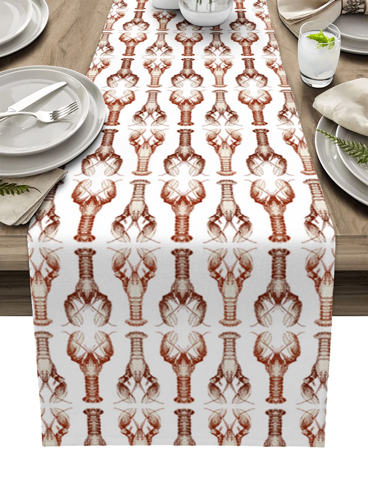 Vintage Lobster Wave Table Runner - 13x60 Inch Burlap Dining Table Scarf for Kitchen Decor, Retro Party Decoration, Indoor Outdoor Home & Wedding Events
