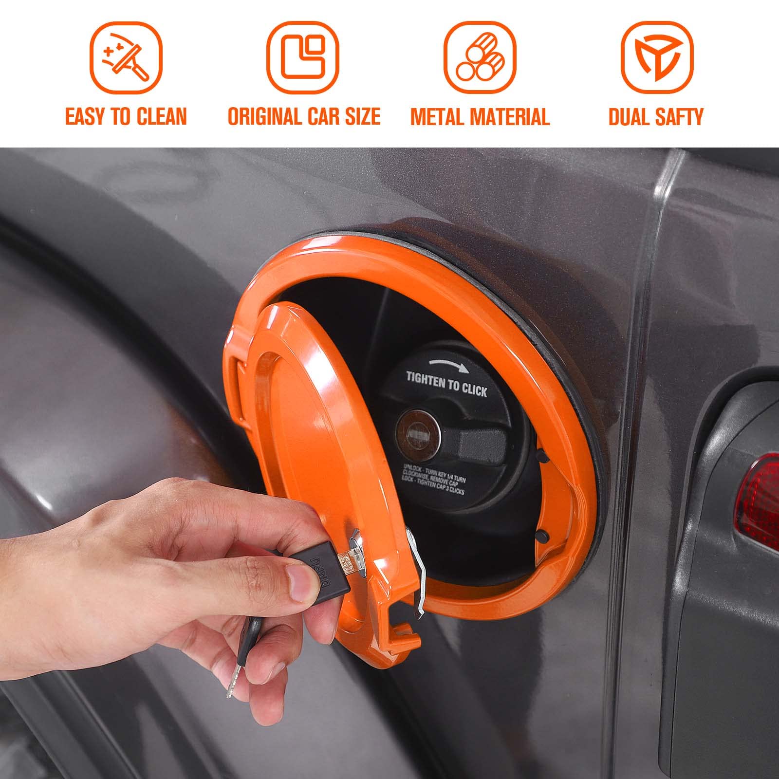 JeCar Locking Fuel Filler Cover - Aluminum Alloy Gas Tank Door for Jeep Wrangler JL & Unlimited (2018-2023) - Anti-Theft Exterior Accessory in Orange - Perfect for Off-Roading & Vehicle Security Protection