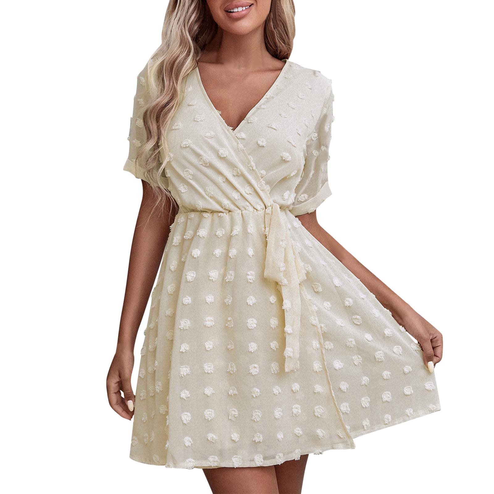 Women's Casual Short Sleeve V-Neck Mini Dress - Summer Flowy Dot Print Short Dress for Women | Perfect for Beach, Vacation & Date Night Outfits