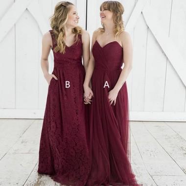 Elegant Burgundy Tulle A-Line Long Bridesmaid Dresses - WG366 | Perfect for Weddings, Prom & Formal Events