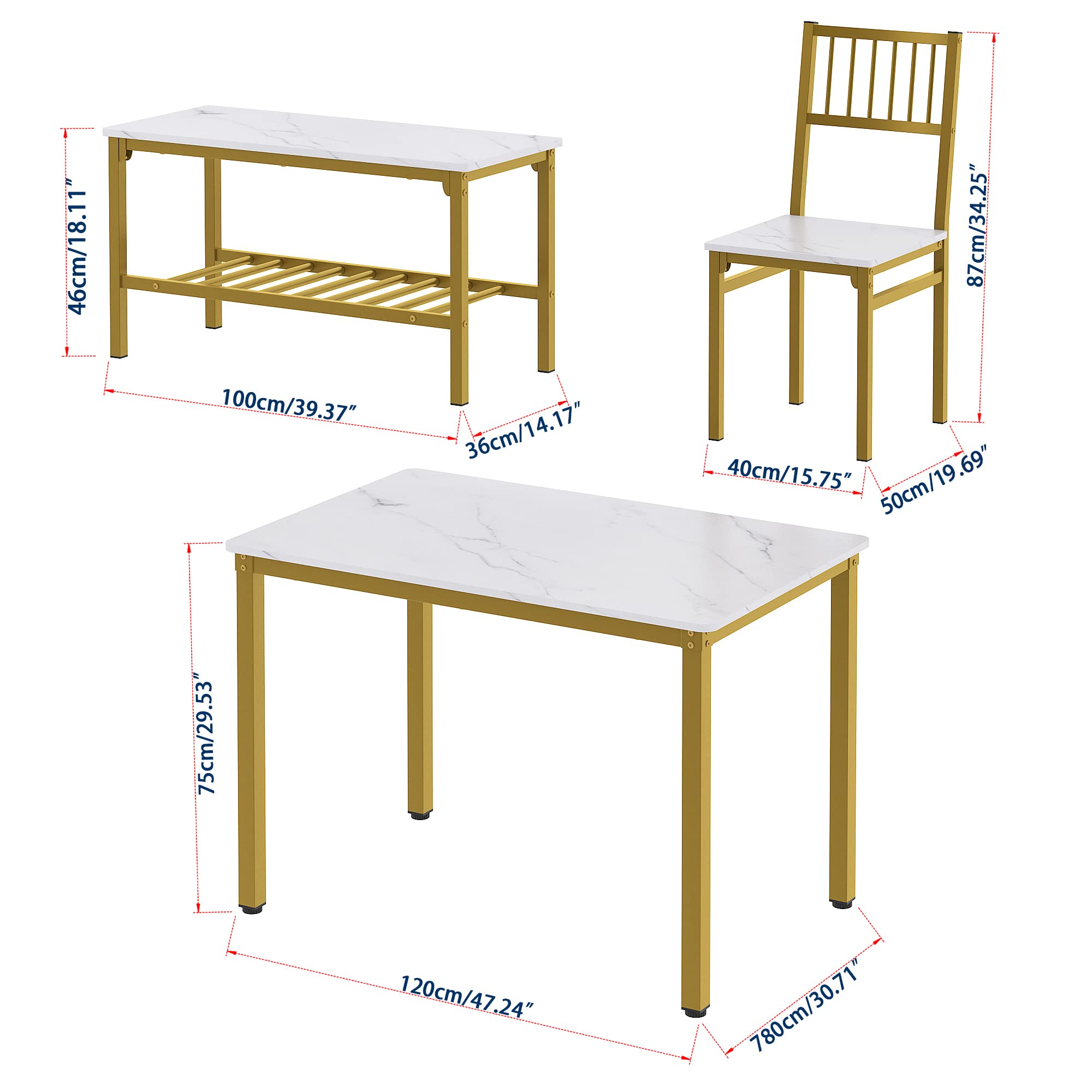 Teraves 4-Piece Dining Table Set with 2 Chairs & Bench - 120CM White Marble Top & Gold Frame Kitchen Table, Computer Desk - Perfect for Small Spaces, Dining Rooms & Home Offices
