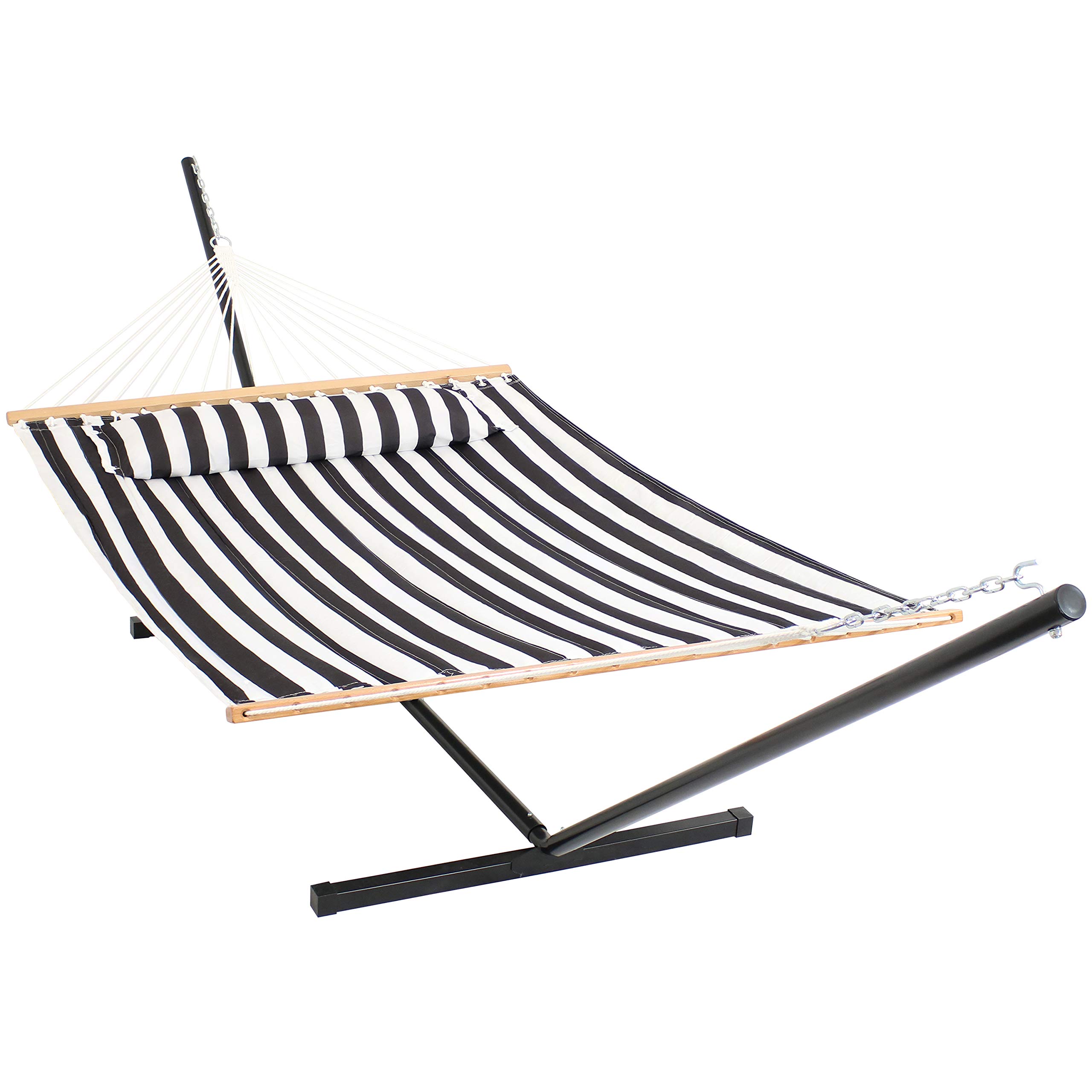 Sunnydaze Quilted Double Hammock with Stand for Outdoor Relaxation - 350lb Weight Capacity 2-Person Hammock with 12ft Steel Stand - Black & White Stripe Design - Perfect for Backyard, Patio, Camping & Beach Use