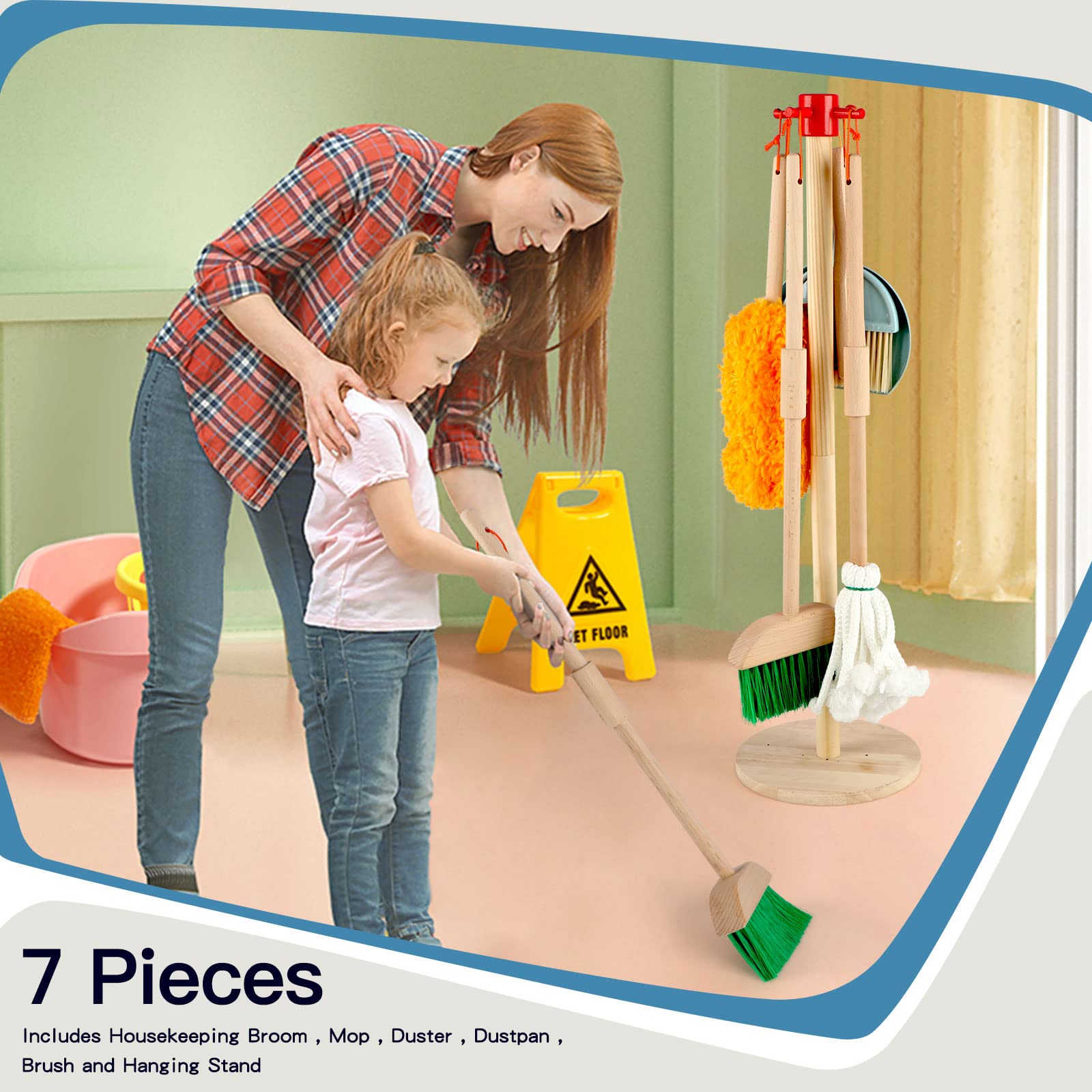 Qilay 7-Piece Kids Cleaning Set - Wooden Broom, Dustpan & Brush for Toddler Pretend Play & Housekeeping