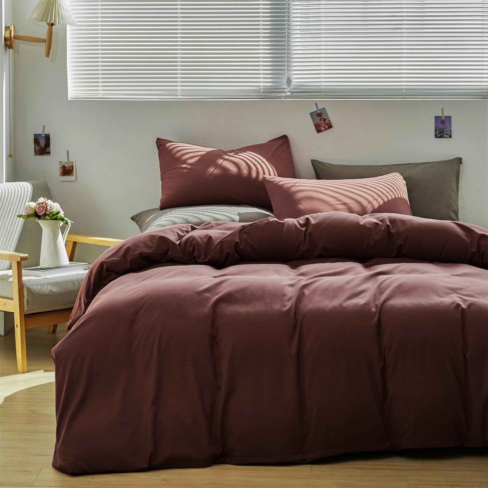 KAREVER King Size Brick Red Comforter Set - 3 Piece Clay Red Bedding Set with Brown Marsala Accents | Solid Dark Red Duvet Cover & Matching Pillowcases | Perfect for Women's & Girls' Bedrooms, Cozy Winter Nights, and Modern Home Decor