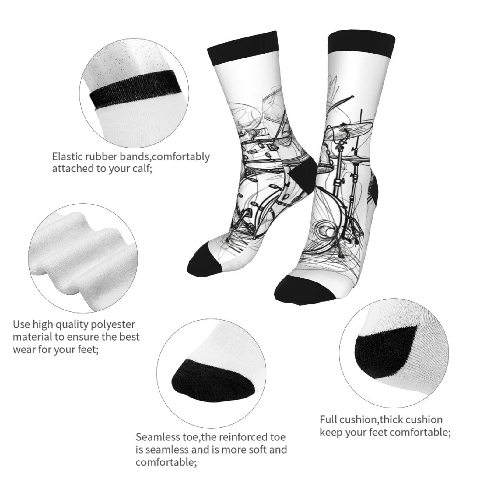 Funny Graffiti Sketch Drummer Music Novelty Crew Socks - Unisex Crazy Dress Socks for Men & Women (Black & White) - Perfect Gift for Musicians, Artists & Sock Lovers