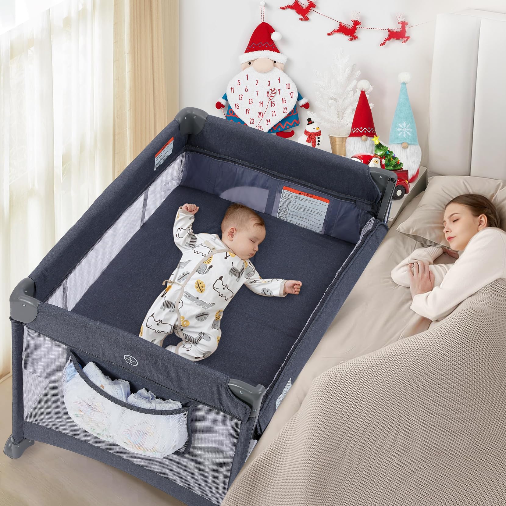 Dripex 5-in-1 Baby Bassinet & Bedside Sleeper with Diaper Changer, Rocking Function, Foldable Playard - Adjustable Height Portable Crib for Newborns to Toddlers (Dark Grey) | Perfect for Nursery, Bedroom Co-Sleeping & Travel