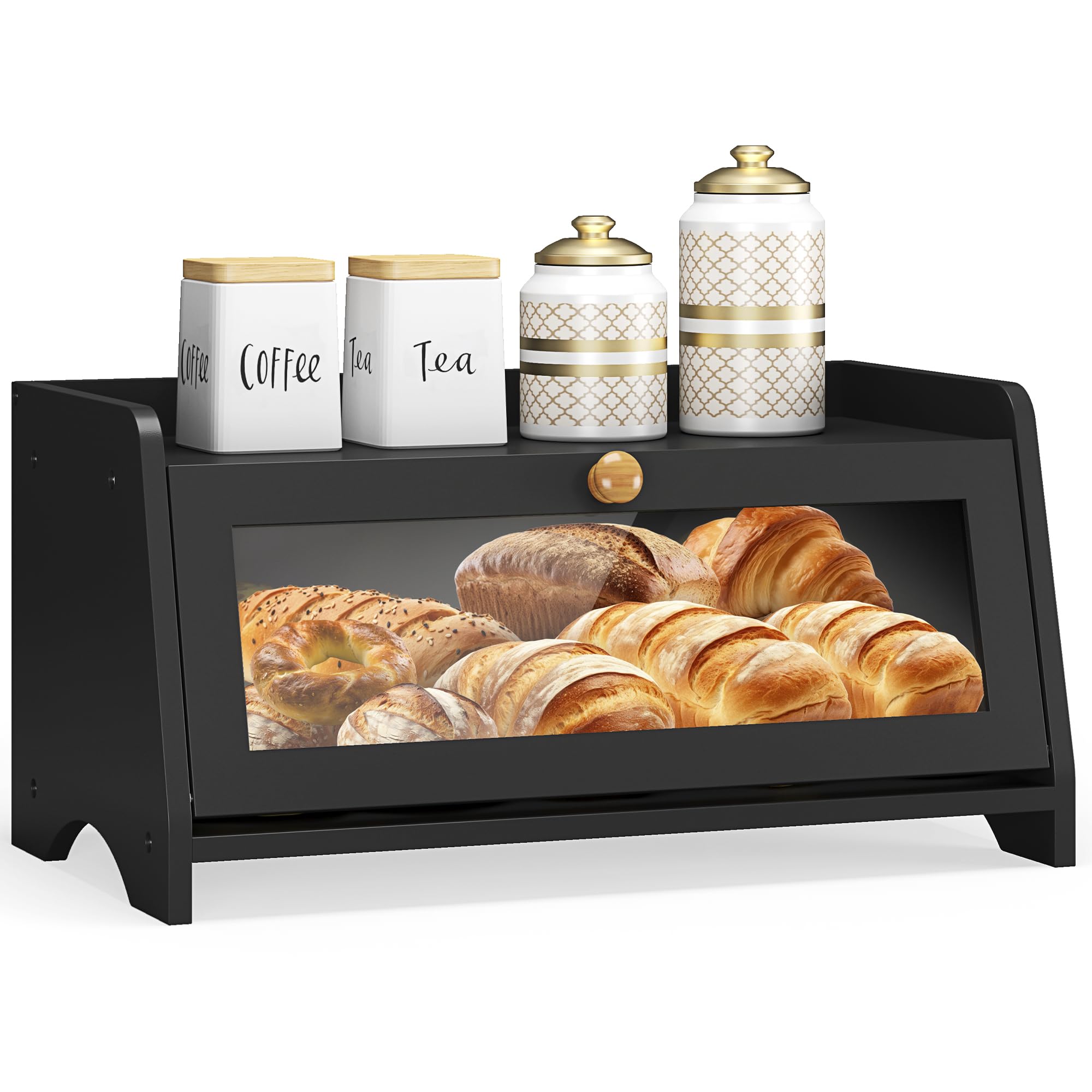 Large Wooden Farmhouse Bread Box with Window - Countertop Bread Storage Container for Kitchen, Pantry, or Dining Room - Perfect for Fresh Bread, Baguettes, and Pastries (Black)